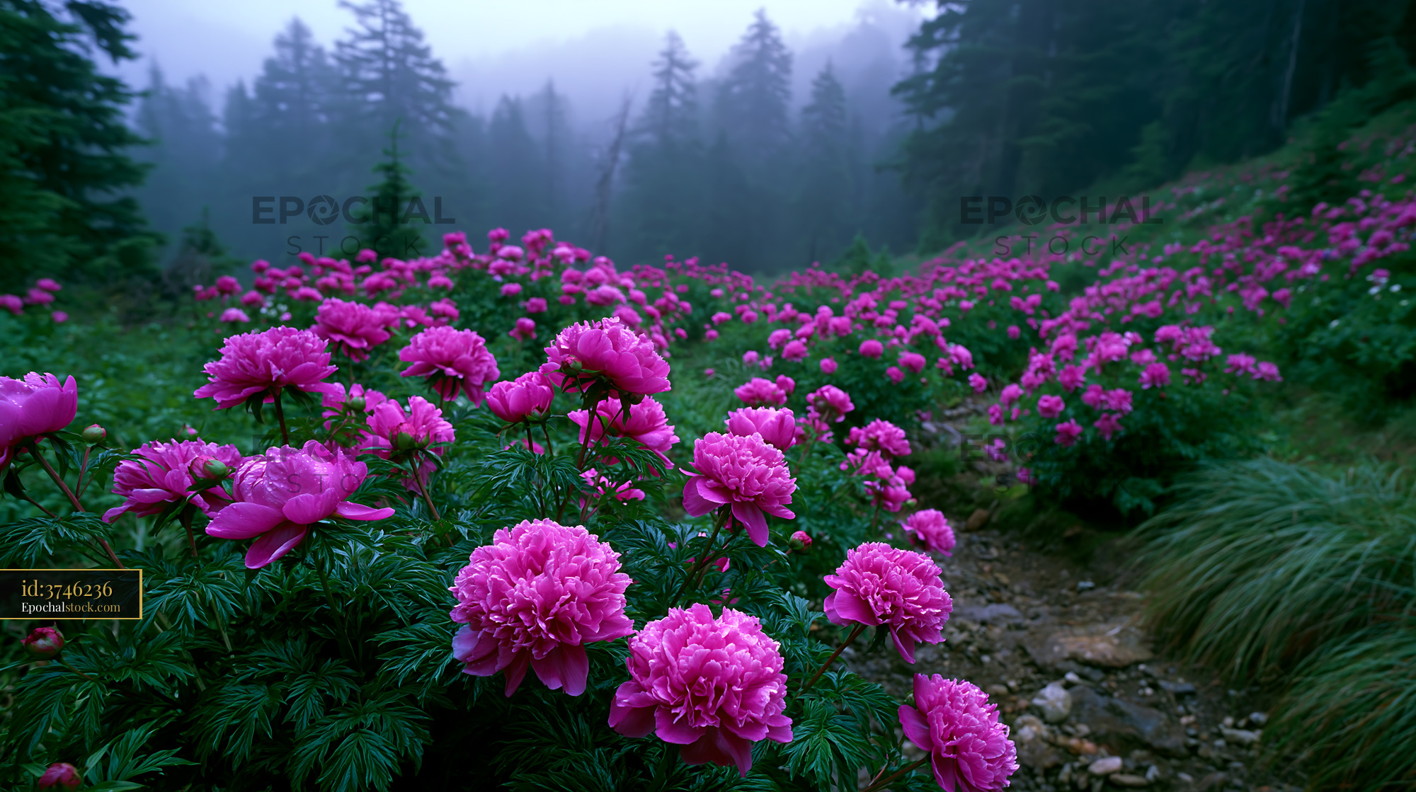 Watermarked full-resolution preview of Vibrant pink flowers bloom in the misty forest