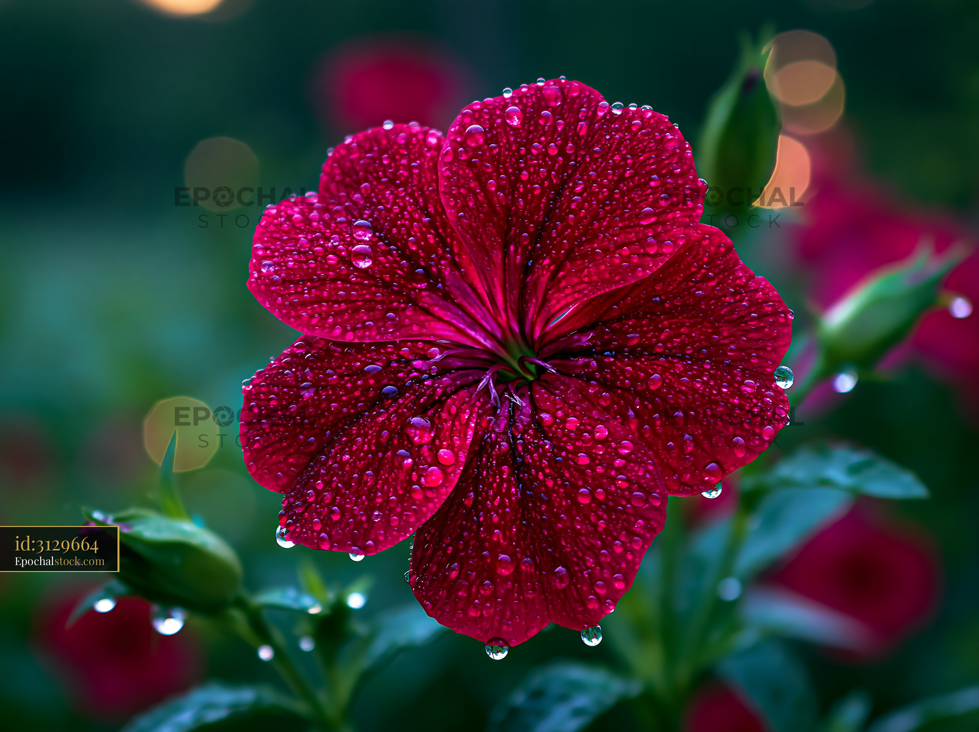 Watermarked full-resolution preview of Vibrant red flower with drops of water in a garden setting