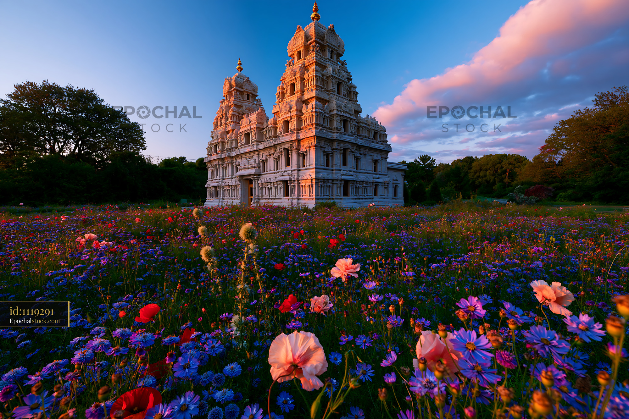 Watermarked full-resolution preview of Flower field with a temple structure at sunset
