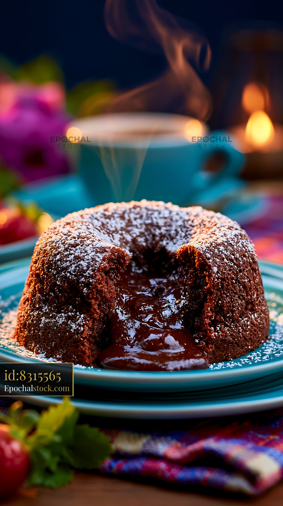 Watermarked full-resolution preview of Chocolate dessert served on a blue plate with steam rising
