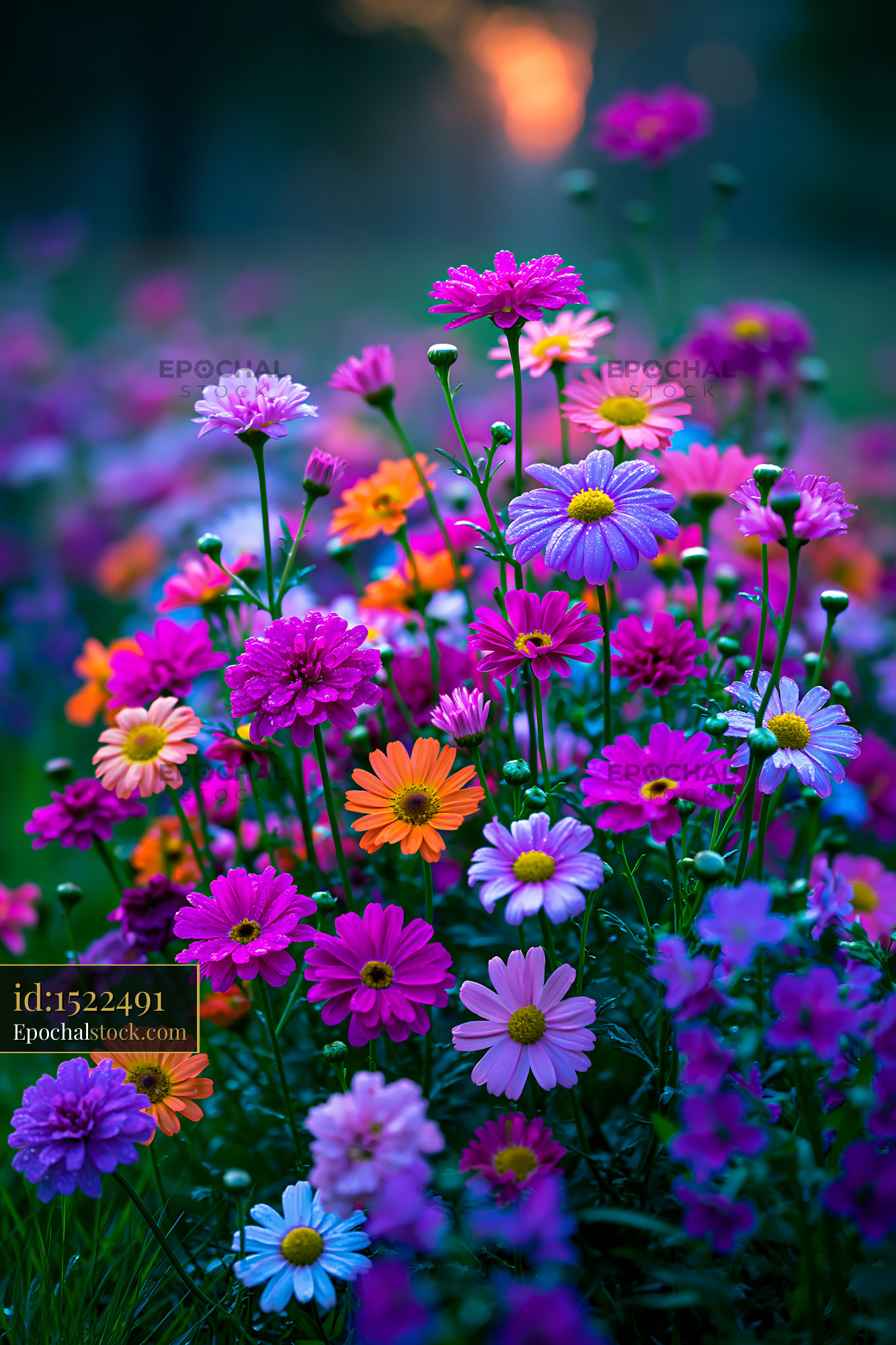 Watermarked full-resolution preview of Colorful flower field during sunset in a garden