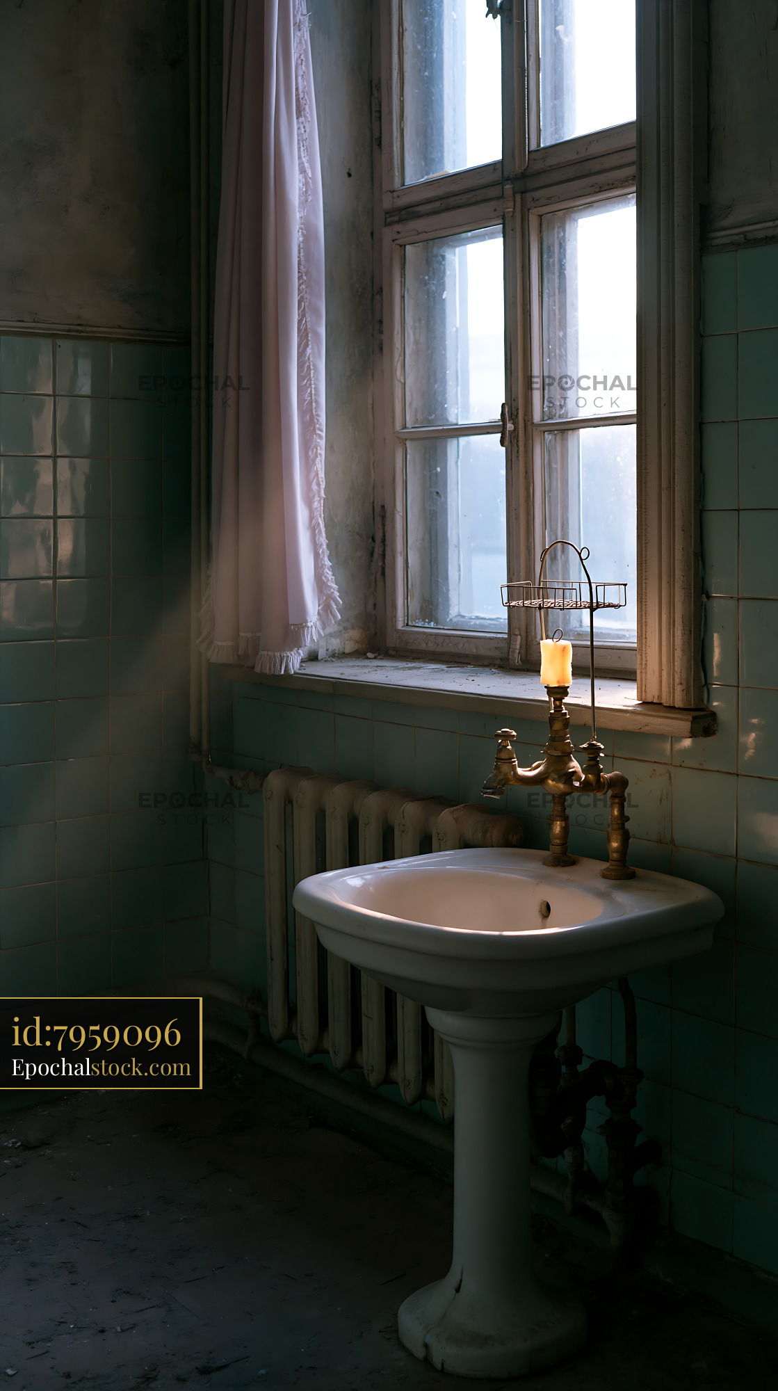 Watermarked full-resolution preview of Old bathroom with a sink and sunlight coming through a window