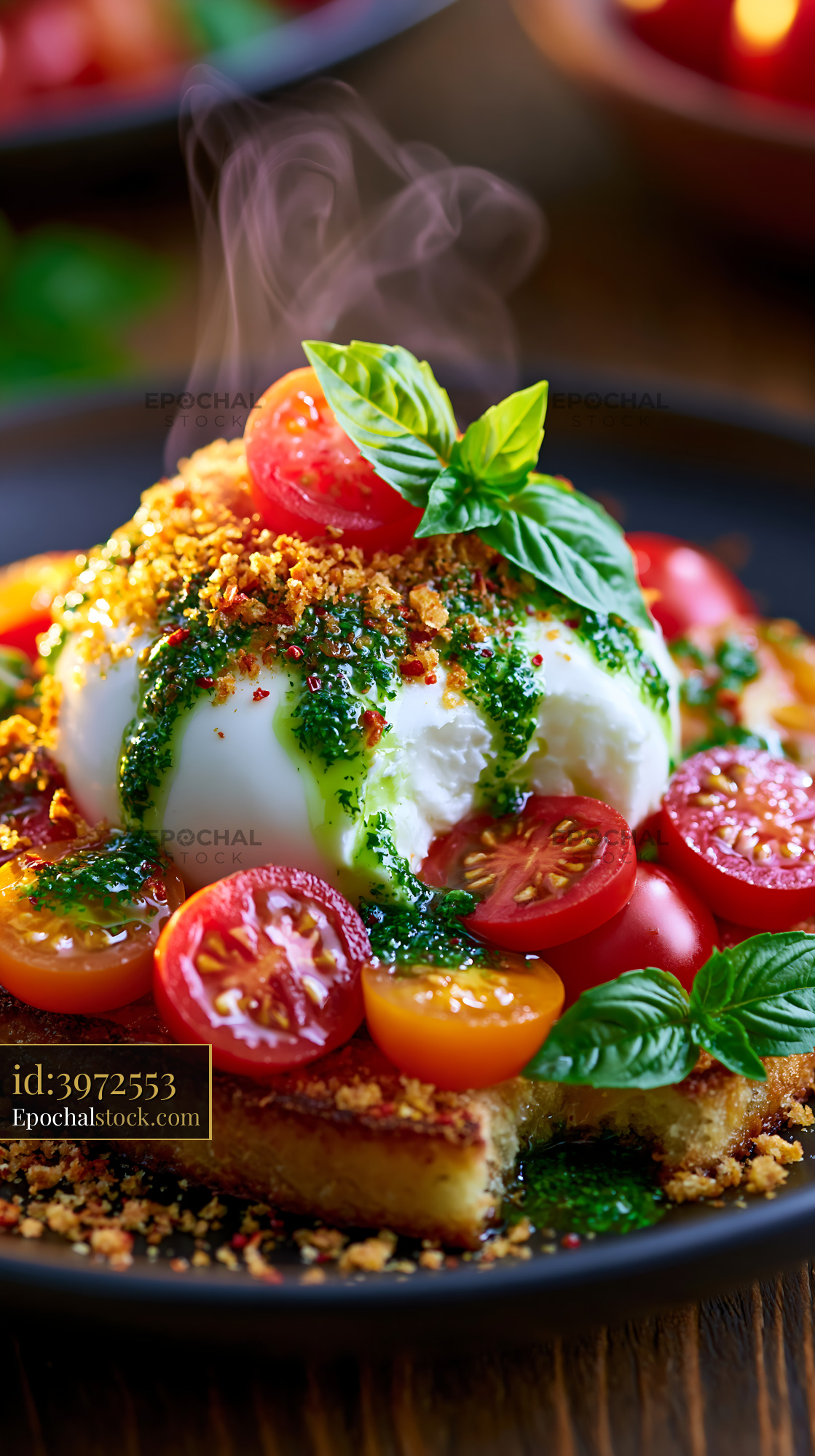 Watermarked full-resolution preview of Burrata cheese with cherry tomatoes and basil leaves on a plate