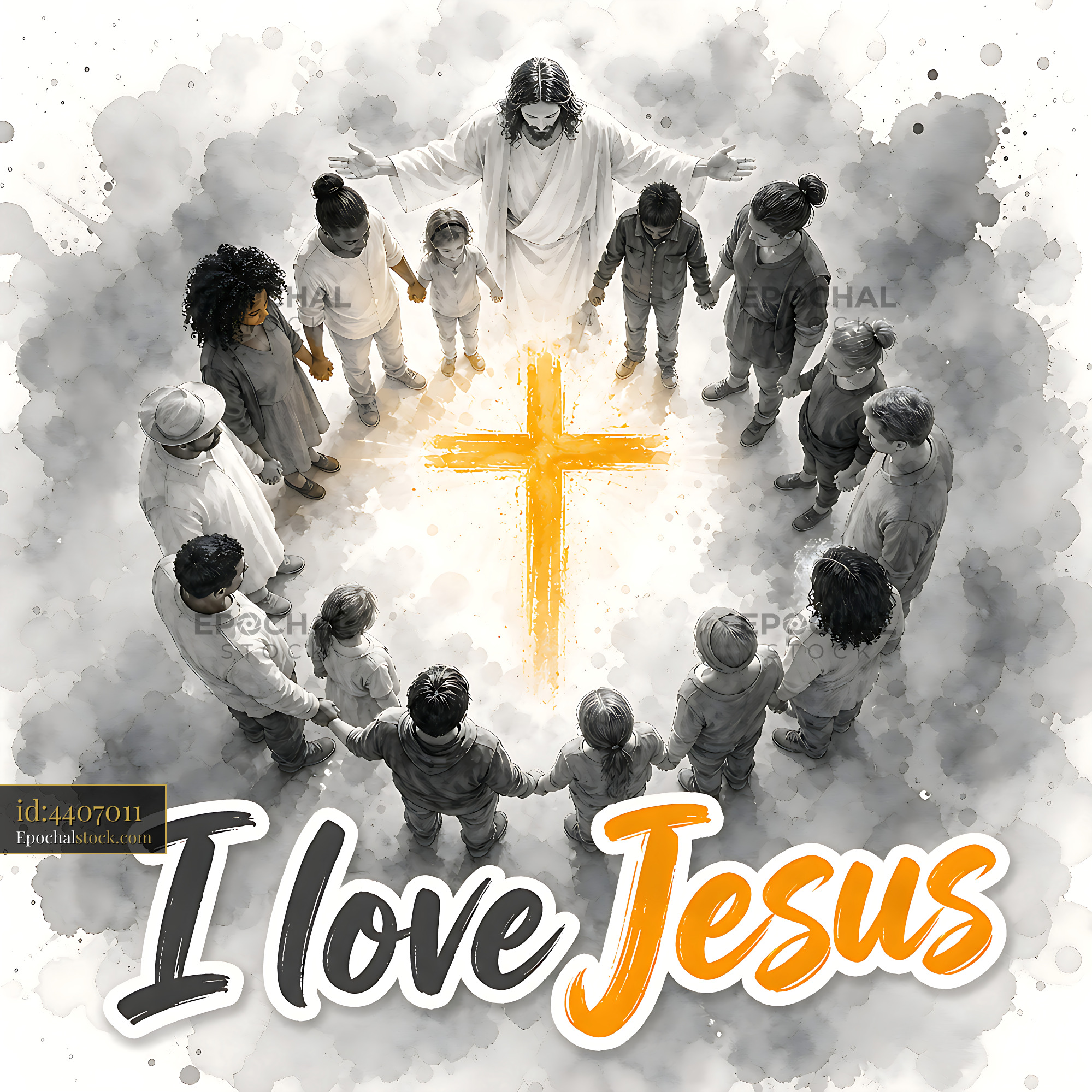 Watermarked full-resolution preview of Group of people gathered around a figure with a cross