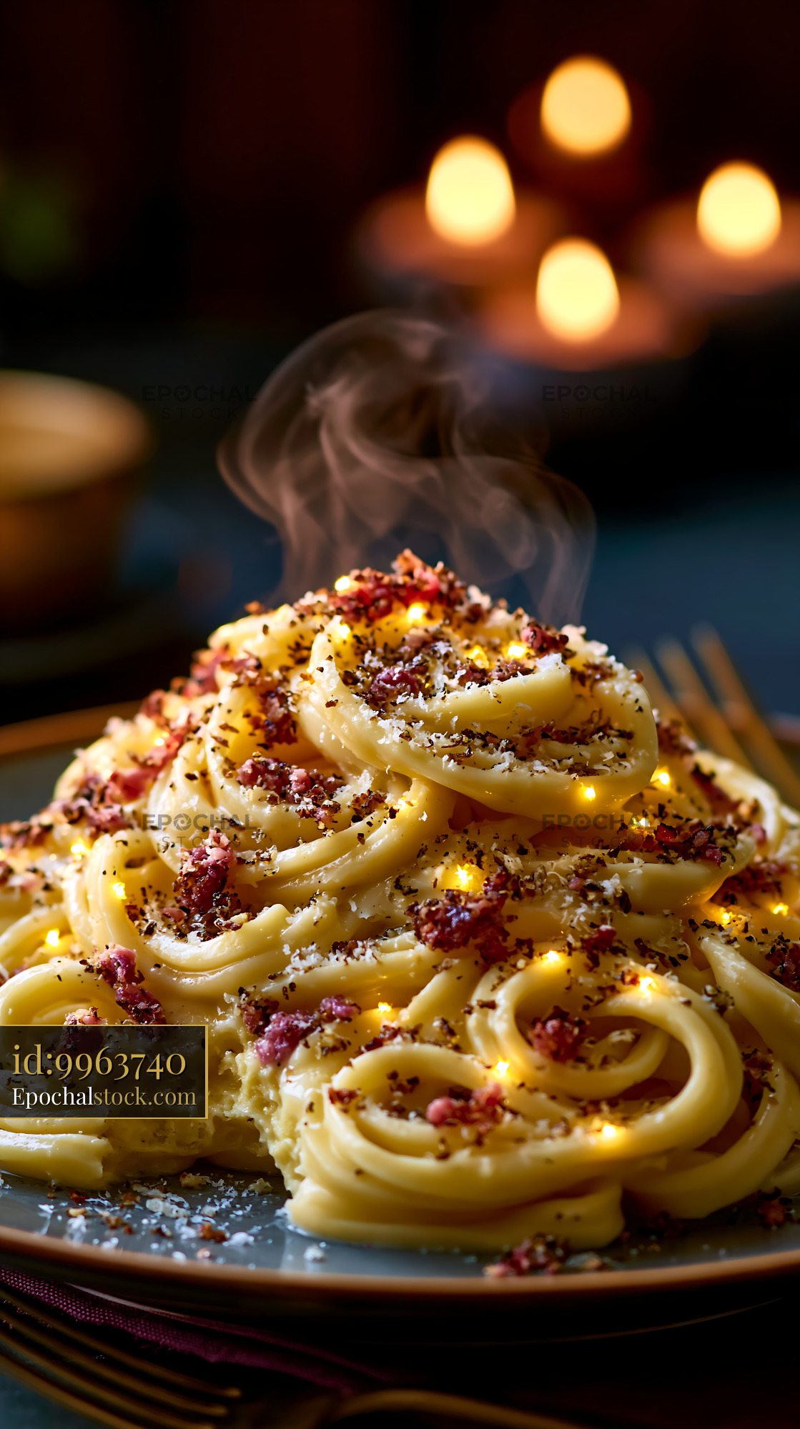 Watermarked full-resolution preview of Pasta dish with steam and cheese on a dark table