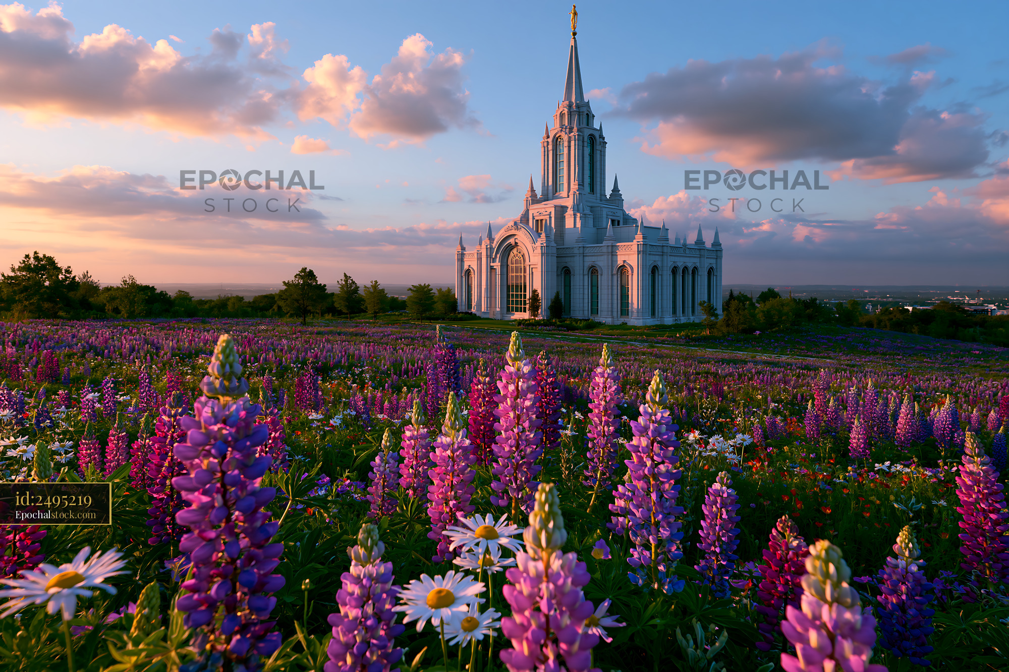 Watermarked full-resolution preview of Mountainside temple surrounded by flowers at sunset