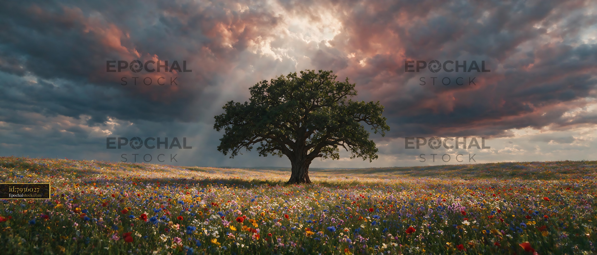 Watermarked full-resolution preview of Vibrant wildflower field under dramatic cloudy sky