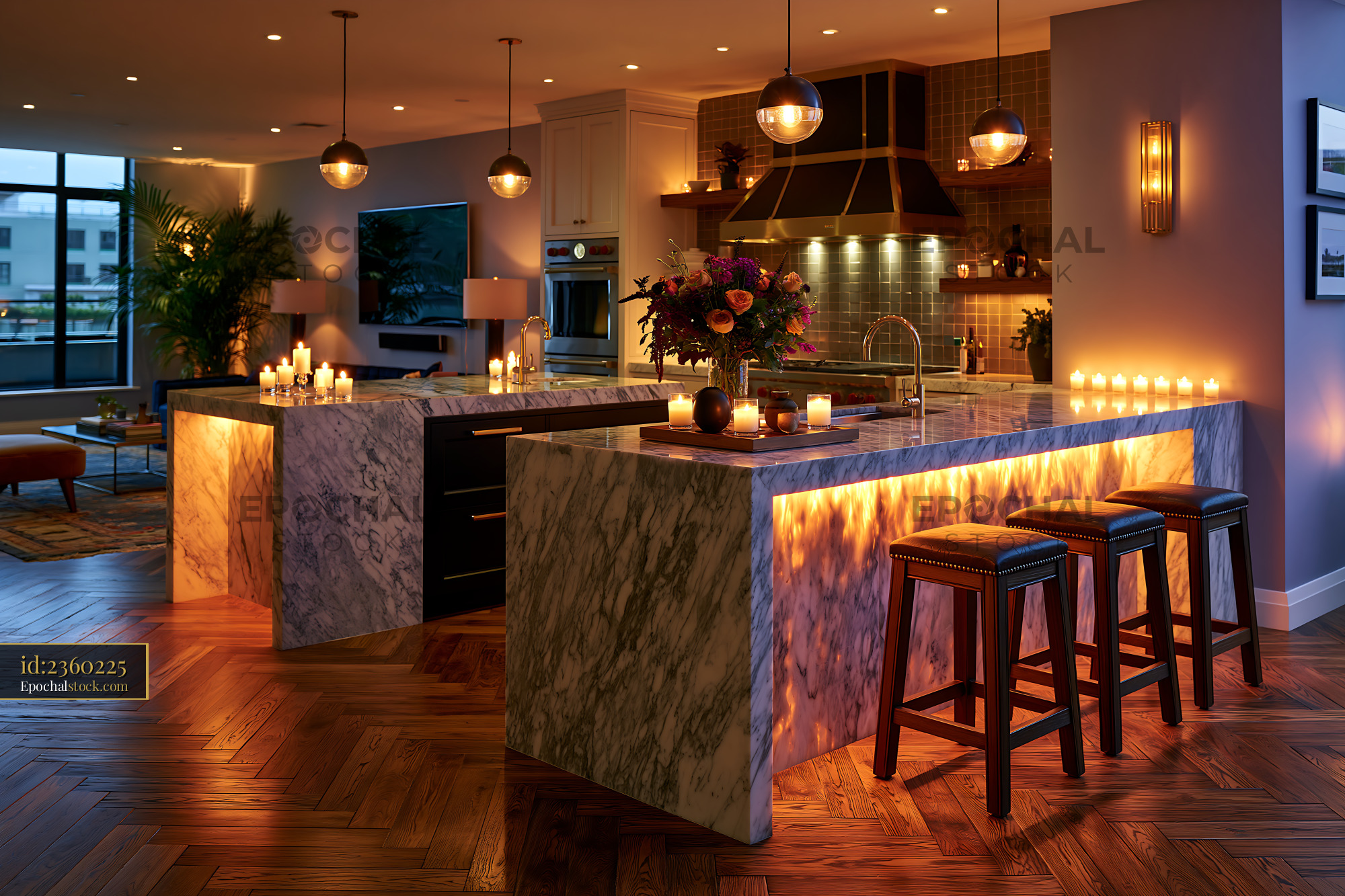 Watermarked full-resolution preview of Modern kitchen with unique lighting and seating