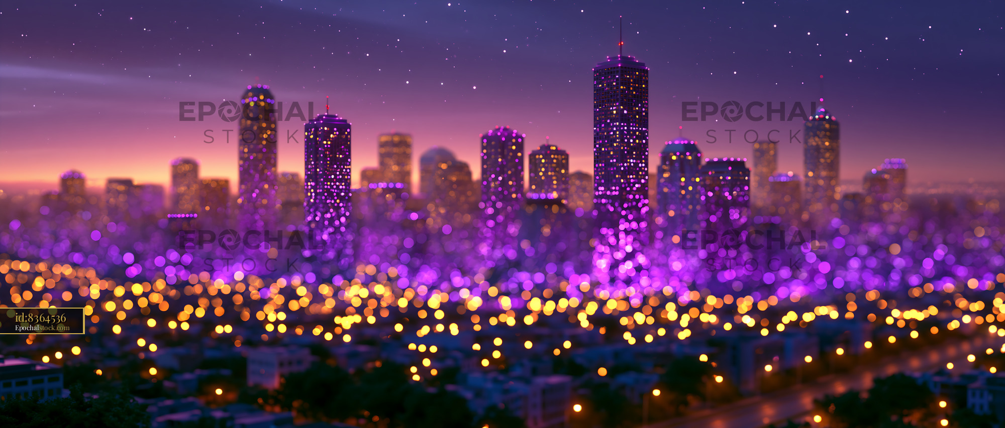 Watermarked full-resolution preview of City skyline during twilight with purple lights