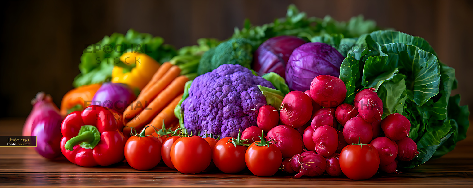 Watermarked full-resolution preview of Fresh colorful vegetables arranged on a rustic wooden surface