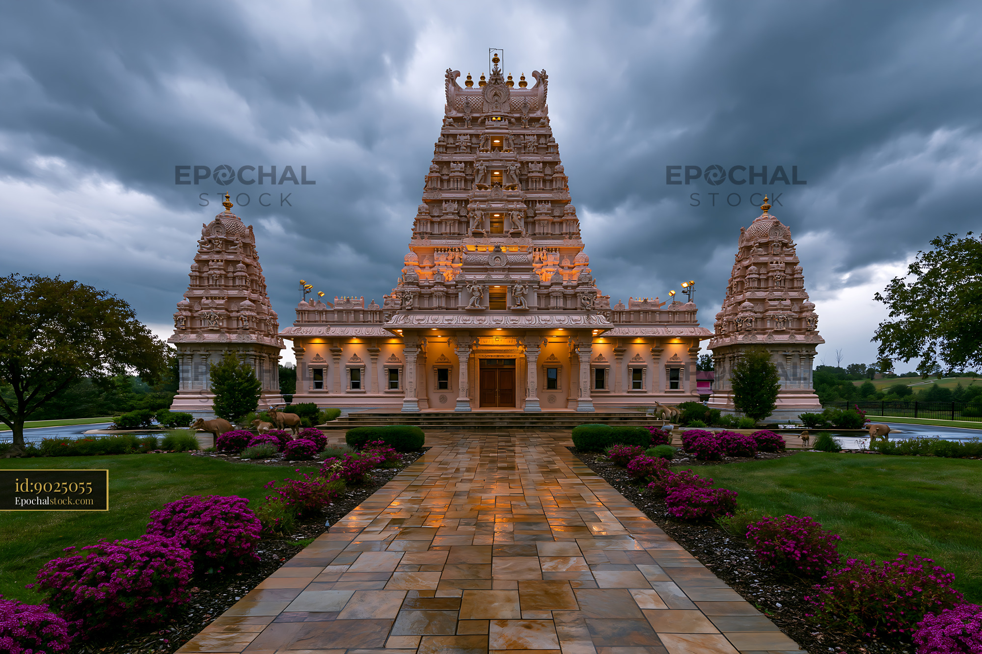 Watermarked full-resolution preview of Temple stands under dark storm clouds near flower garden