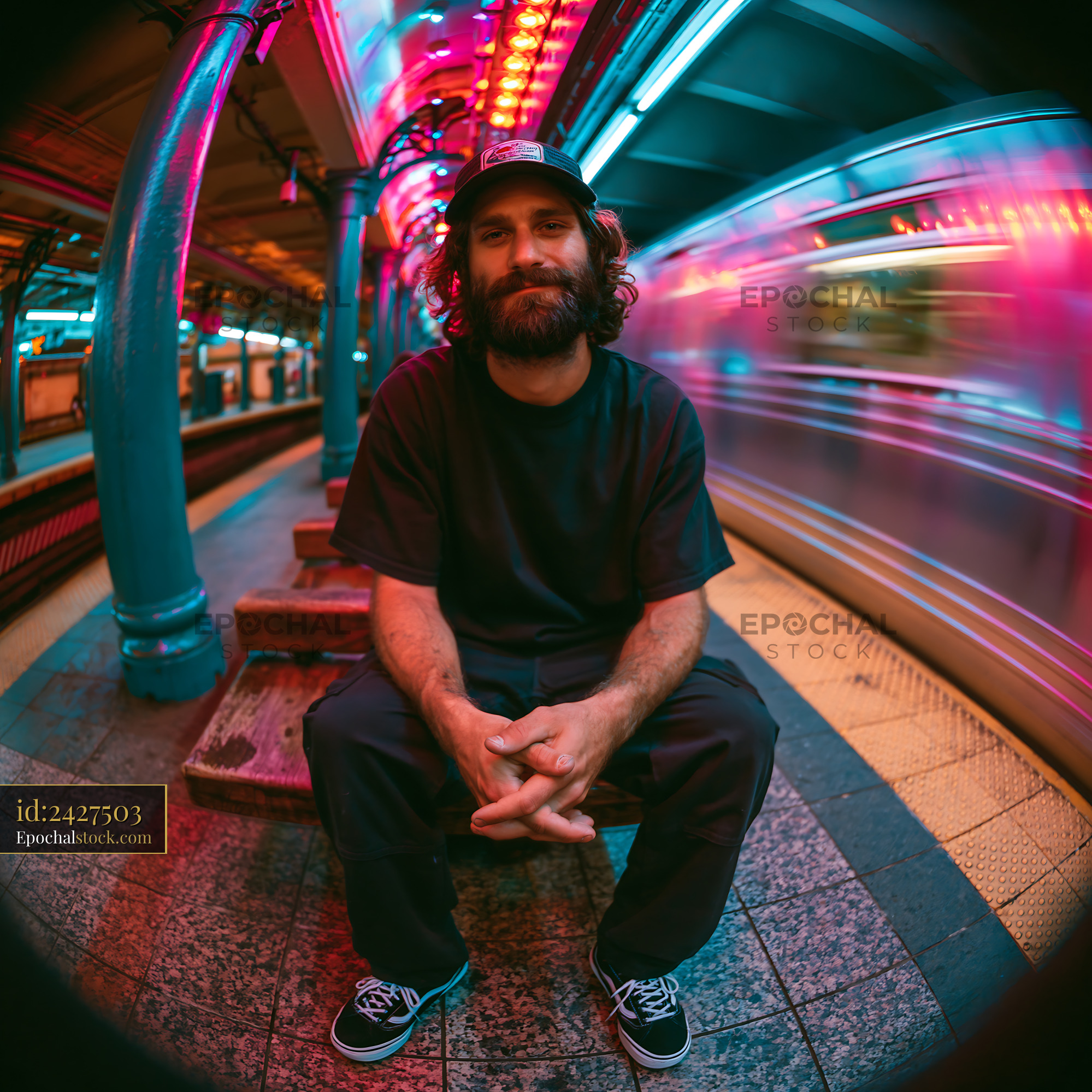 Watermarked full-resolution preview of Man sitting on subway steps with blurred train motion