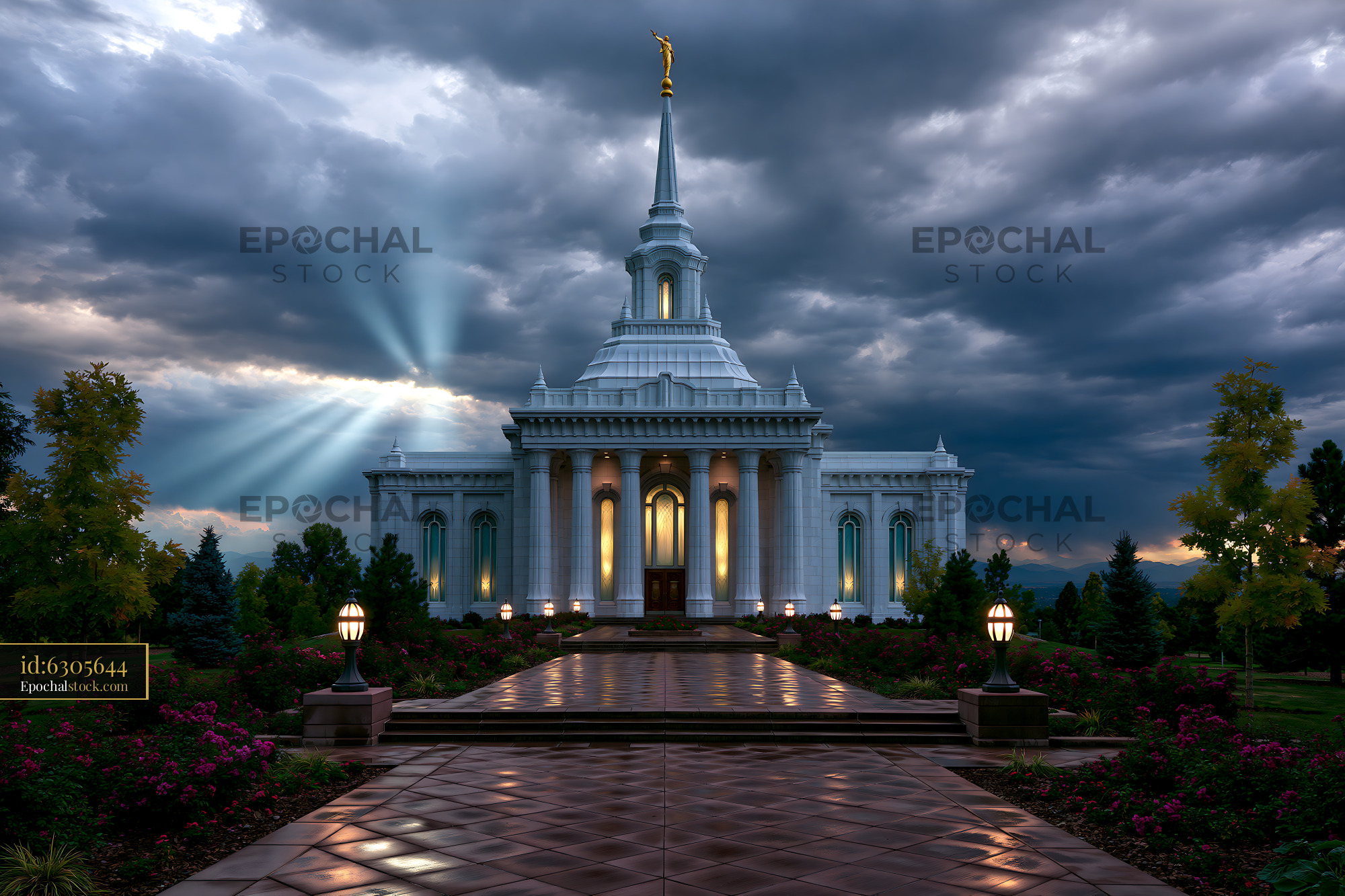 Watermarked full-resolution preview of Stately building with beams of light shining through clouds