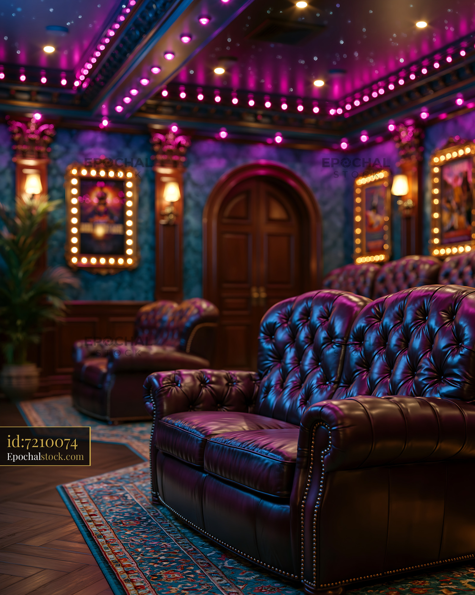 Watermarked full-resolution preview of Cozy lounge area with vintage seating and colorful lights