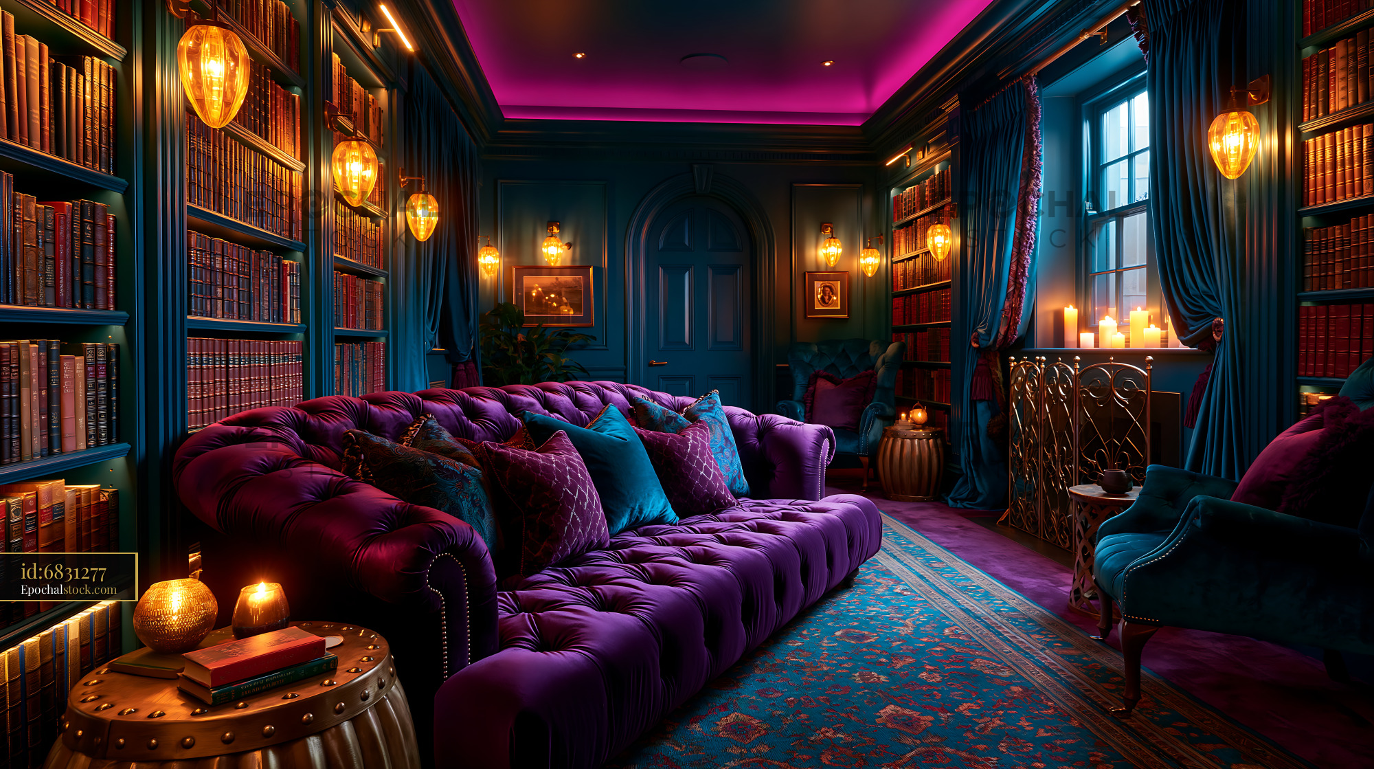 Watermarked full-resolution preview of Cozy library with purple decor and bookshelves