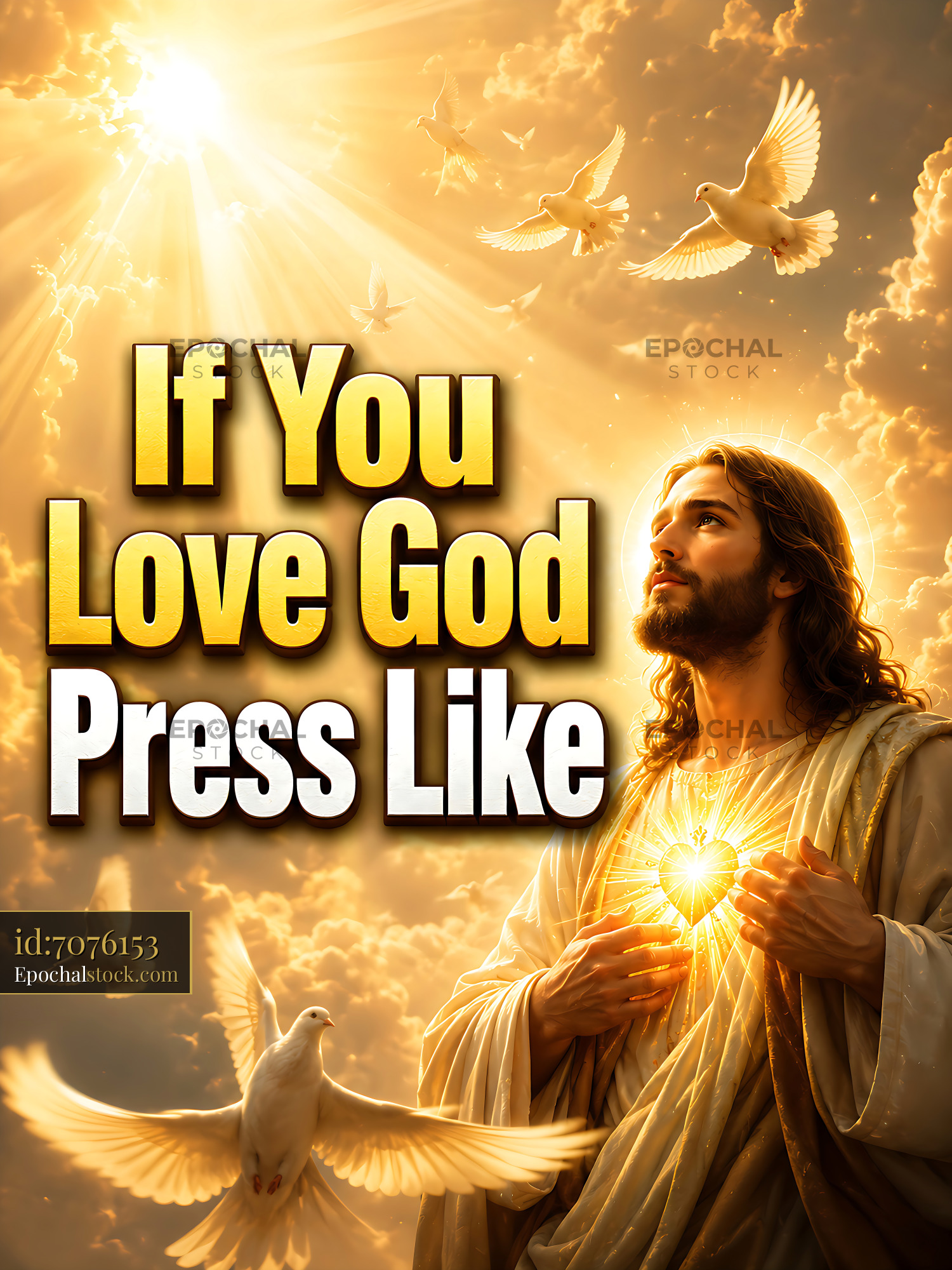 Watermarked full-resolution preview of Religious figure with doves and light shining from heaven
