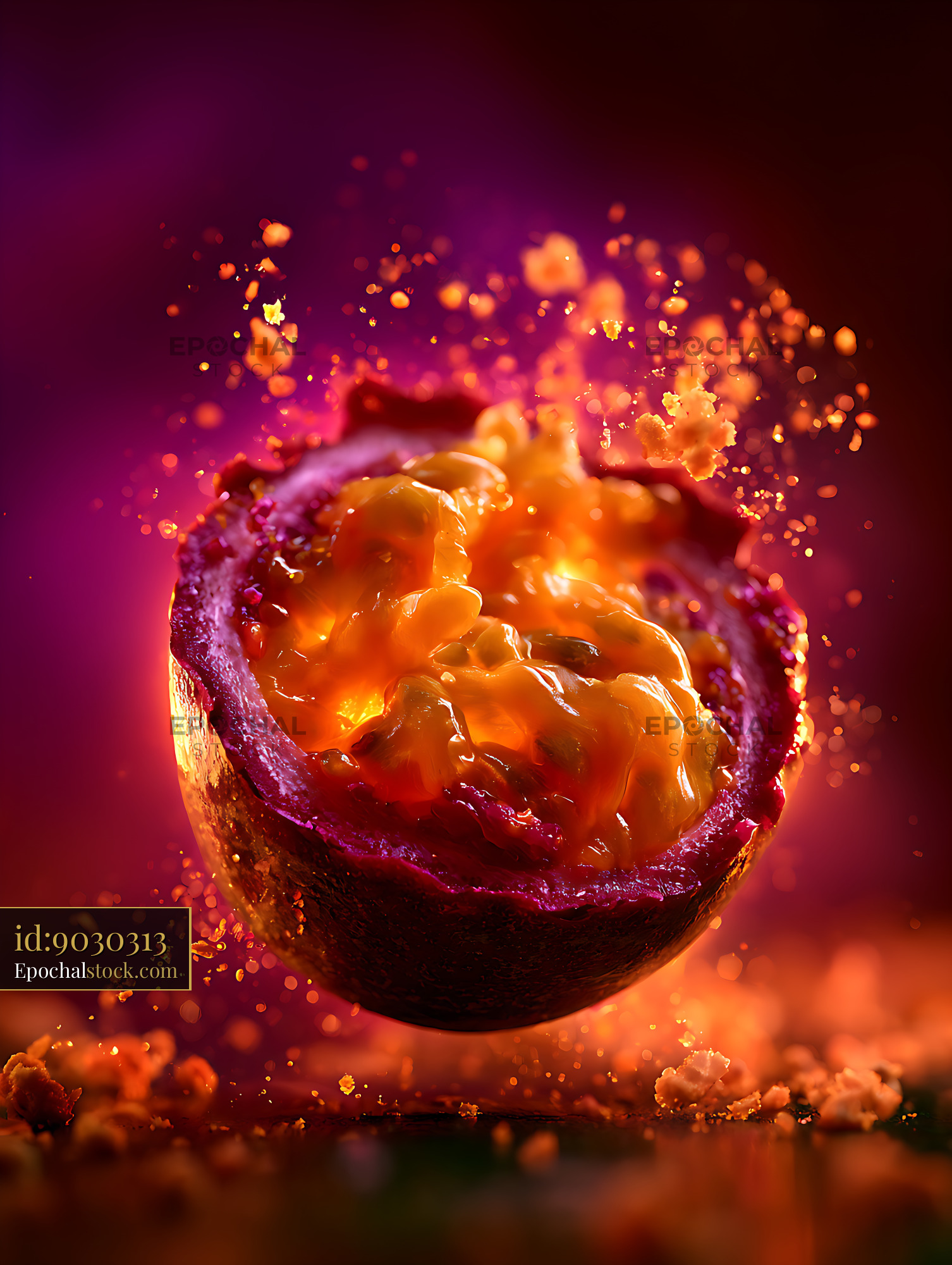 Watermarked full-resolution preview of Vibrant orange splash emerging from a purple bowl