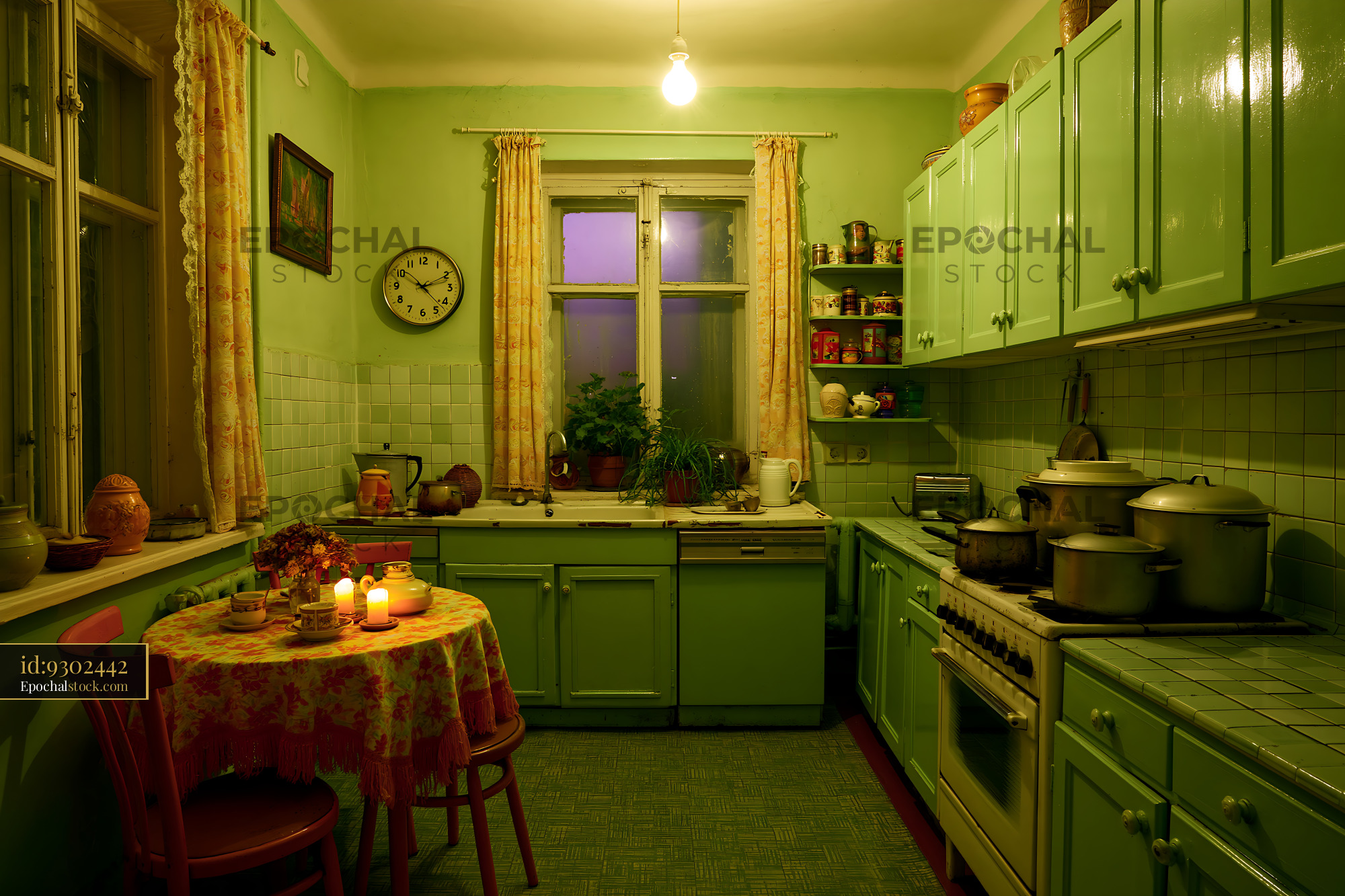 Watermarked full-resolution preview of Cozy green kitchen with a table and warm light
