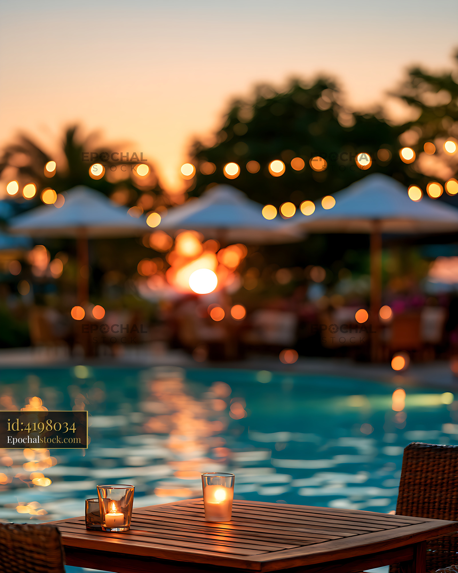 Watermarked full-resolution preview of Warm Candlelit Poolside Scene at Sunset