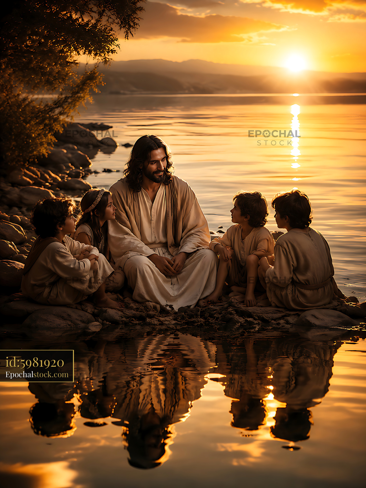 Jesus With Children by the Water During Sunset - stock photo