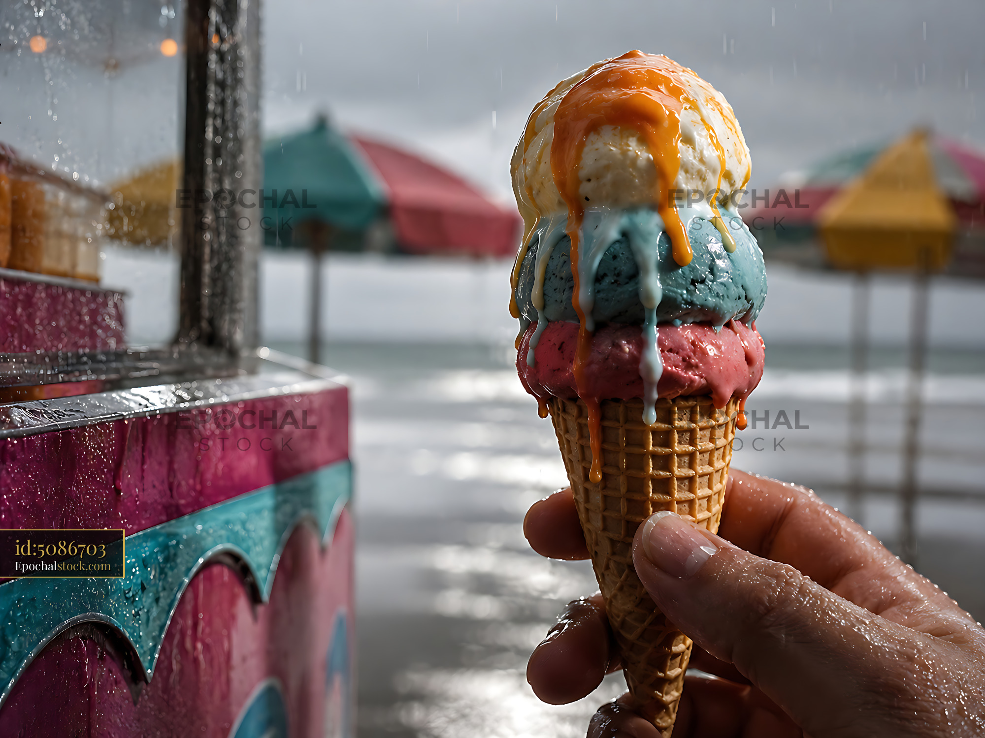 Watermarked full-resolution preview of Colorful ice cream cone held by a person near the beach