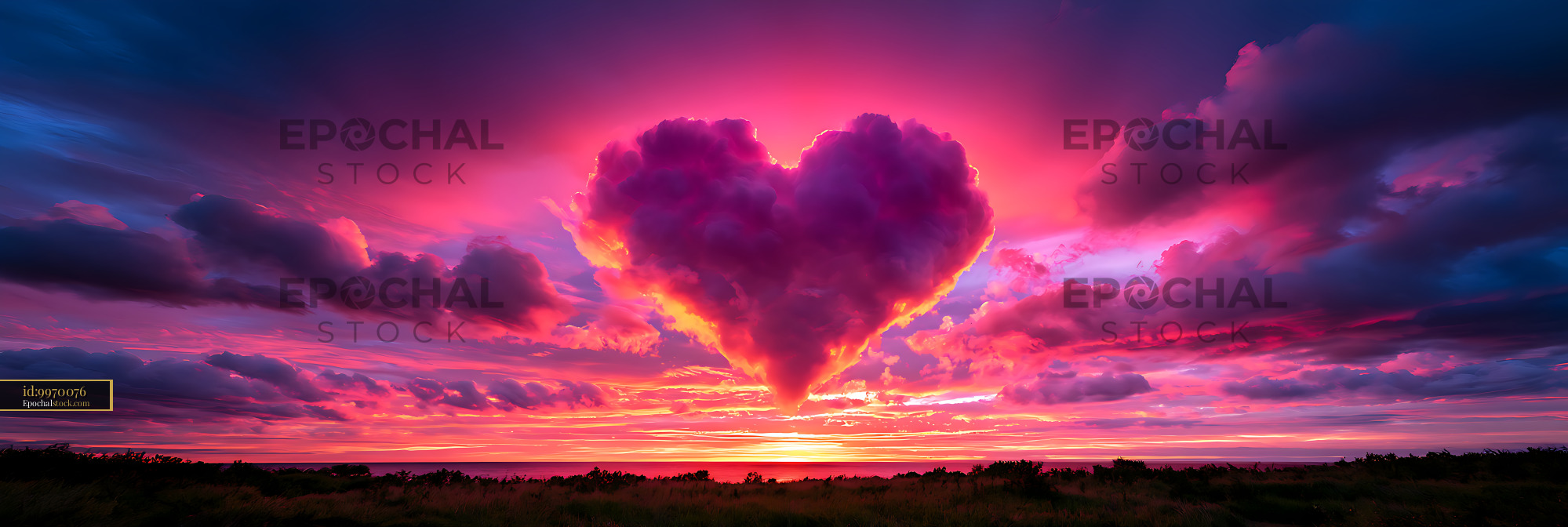 Watermarked full-resolution preview of Vivid colorful sunset and towering clouds above a coastal horizon