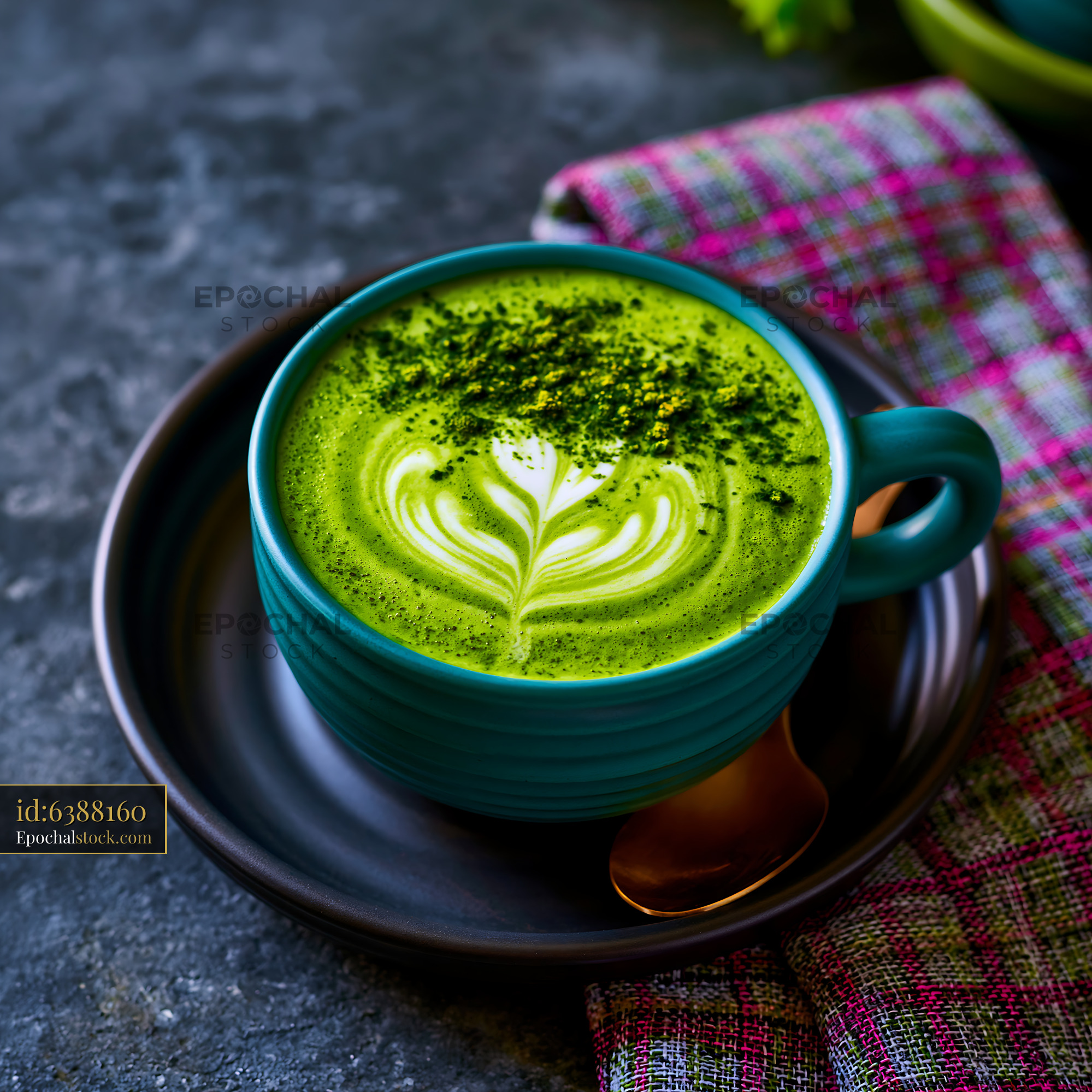 Watermarked full-resolution preview of Matcha latte with leaf design on top in a blue cup
