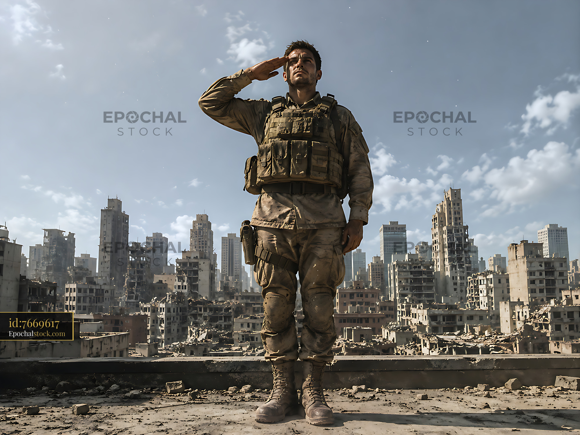 Soldier Salutes in a War-Torn City With Skyscrapers Damaged - stock photo