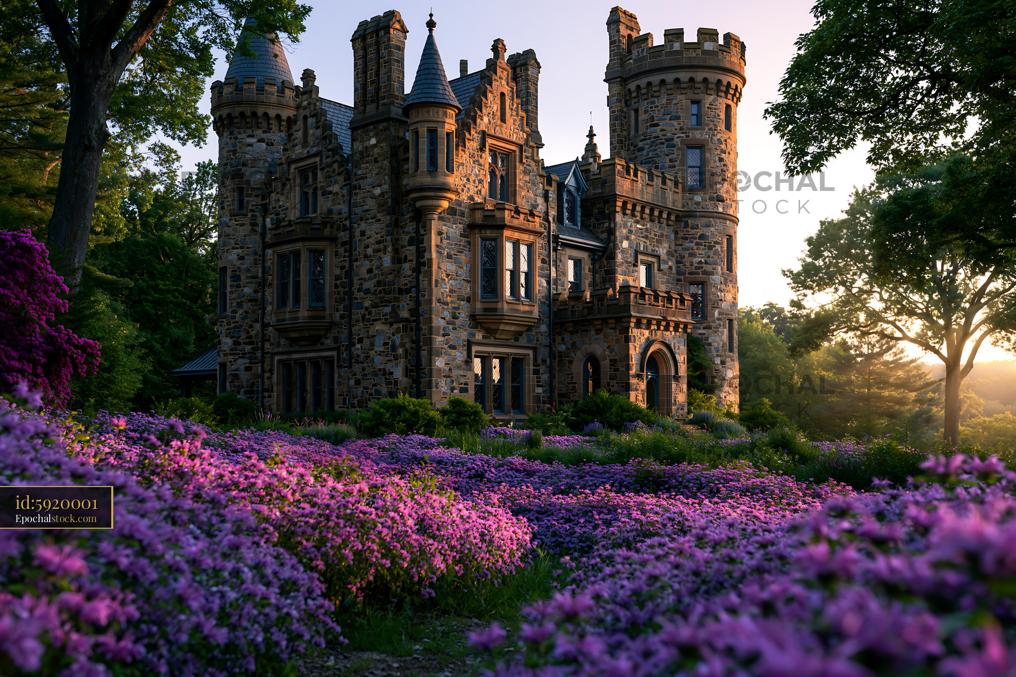 Watermarked full-resolution preview of Victorian castle surrounded by purple flowers at sunset