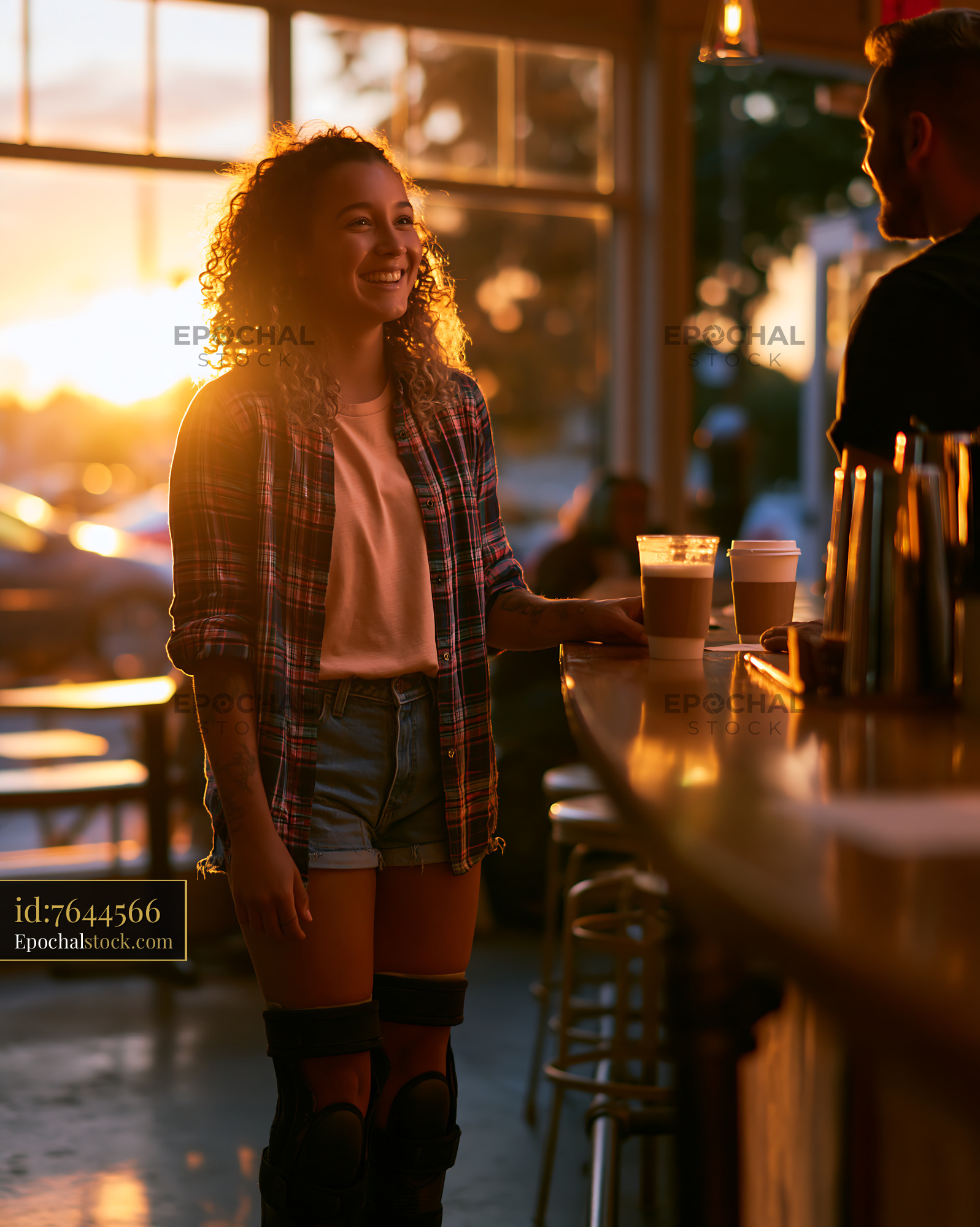 Watermarked full-resolution preview of Young woman smiling at bar counter during sunset