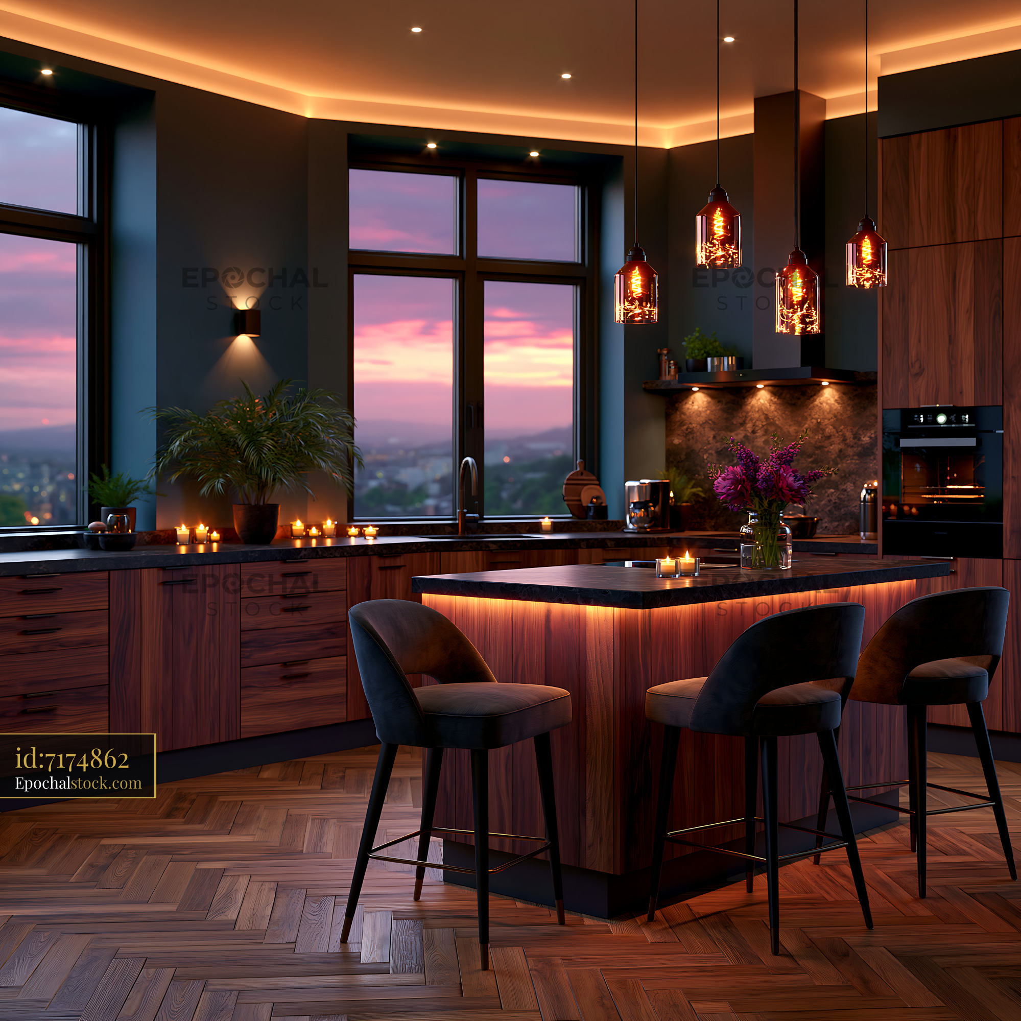 Japandi Luxury Kitchen With Warm Wood and Stone at Sunset - stock photo