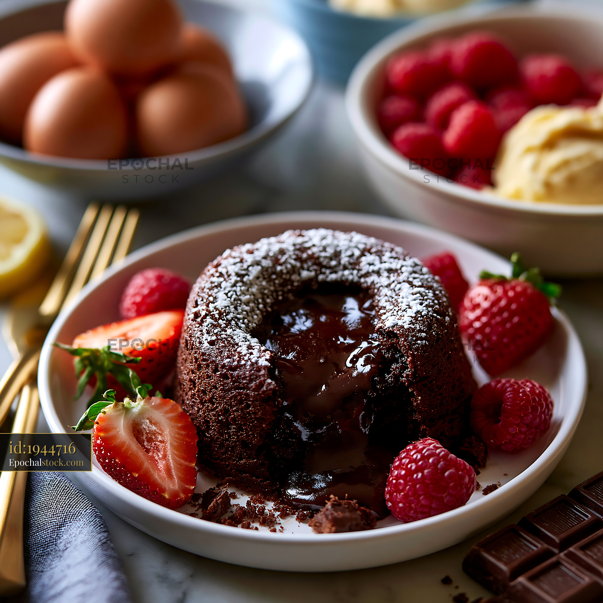 Watermarked full-resolution preview of Chocolate lava cake served with strawberries and ice cream