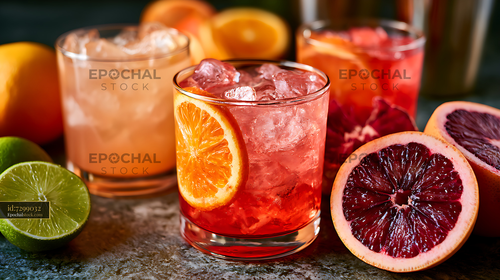 Watermarked full-resolution preview of Colorful citrus drinks surrounded by fresh fruit