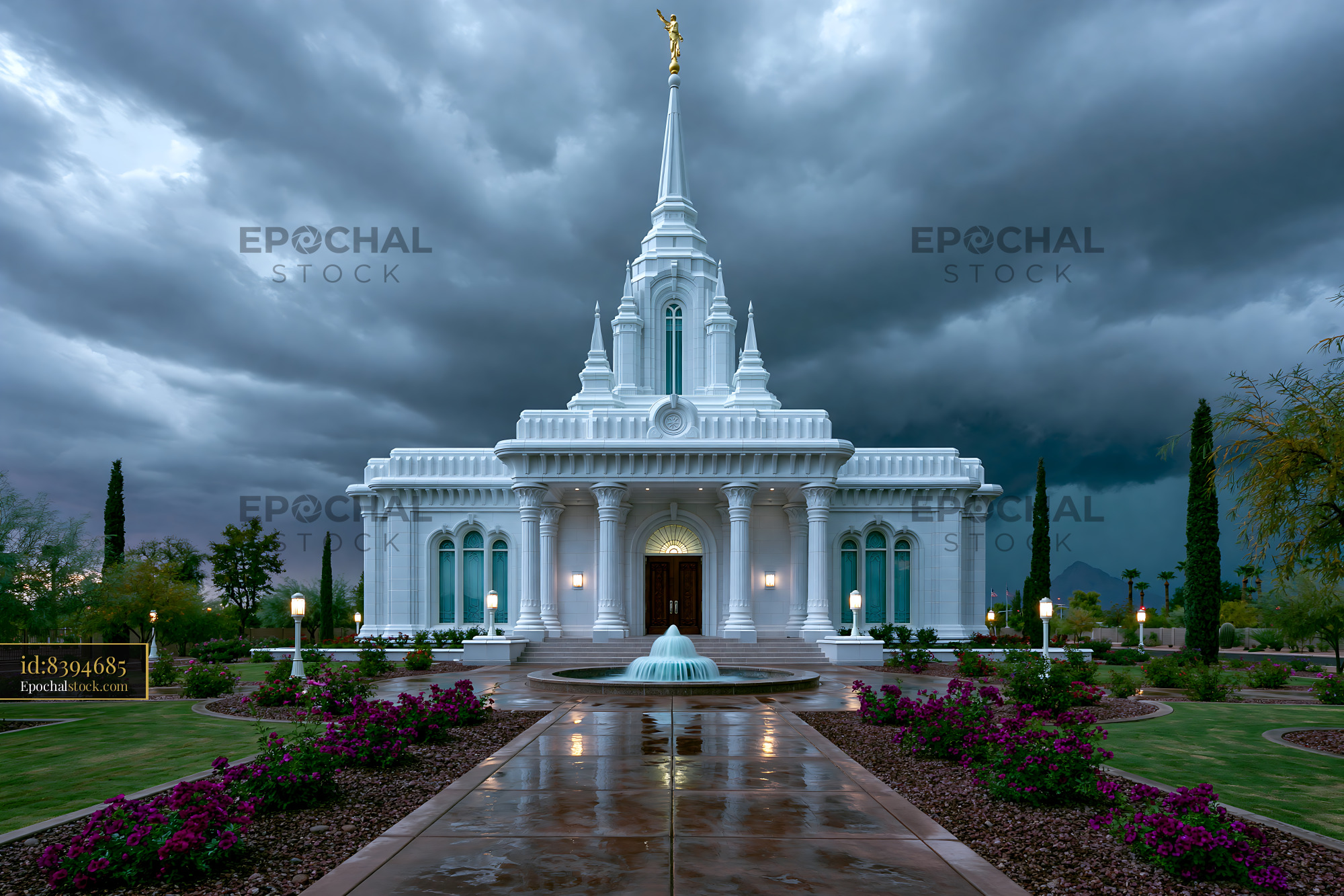 Watermarked full-resolution preview of White temple and fountain under dark storm clouds