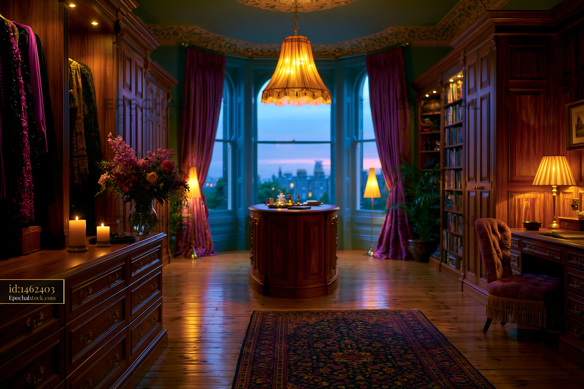 Elegant Dressing Room With Island and City View at Dusk - stock photo