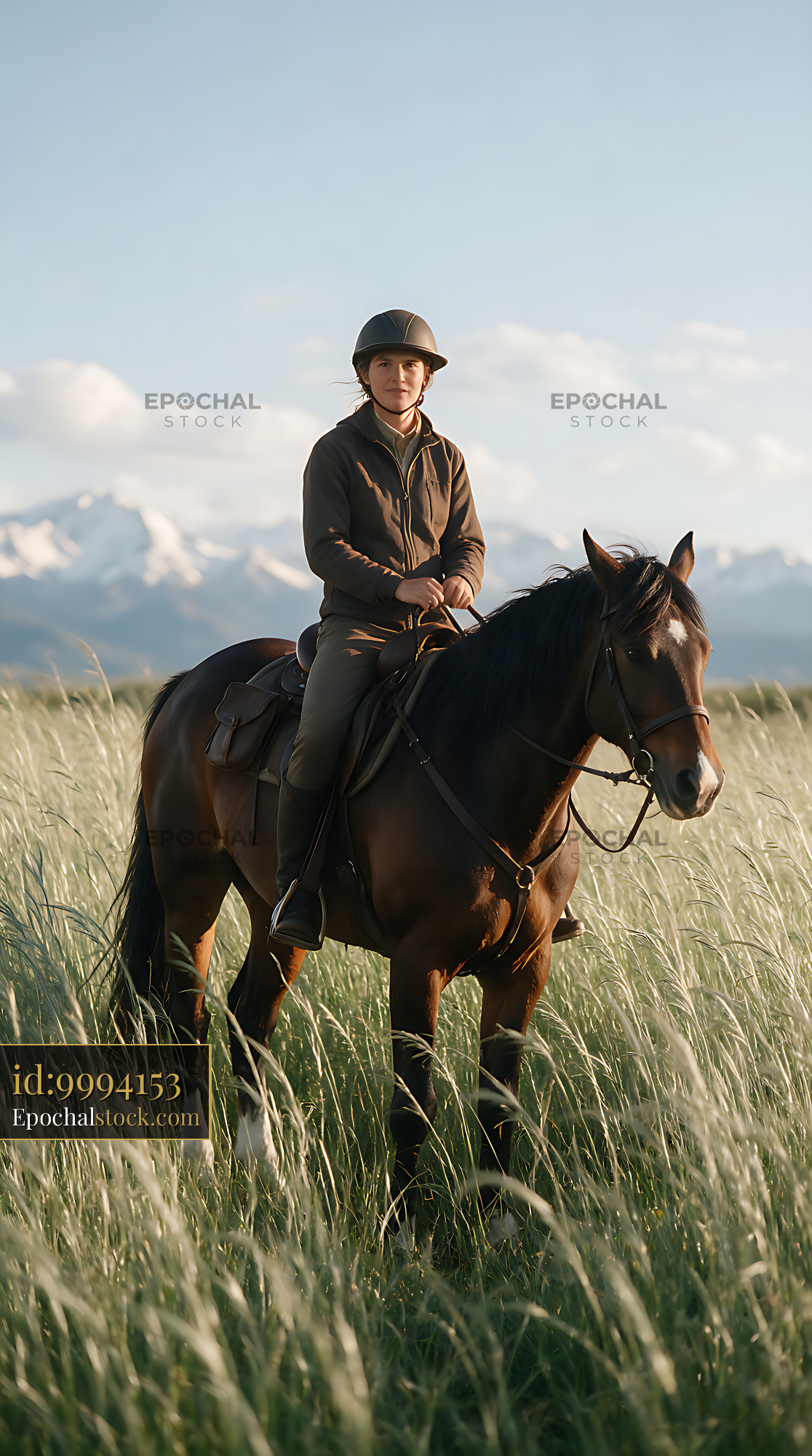 Watermarked full-resolution preview of Rider on horseback in a grassy mountain meadow