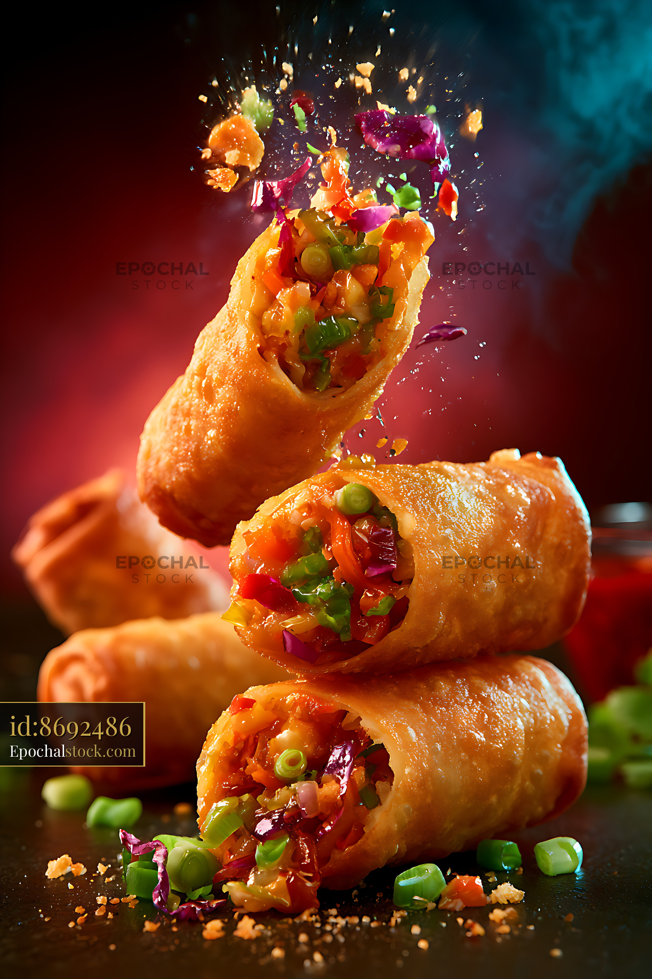 Watermarked full-resolution preview of Colorful crispy vegetable spring rolls in dramatic food composition
