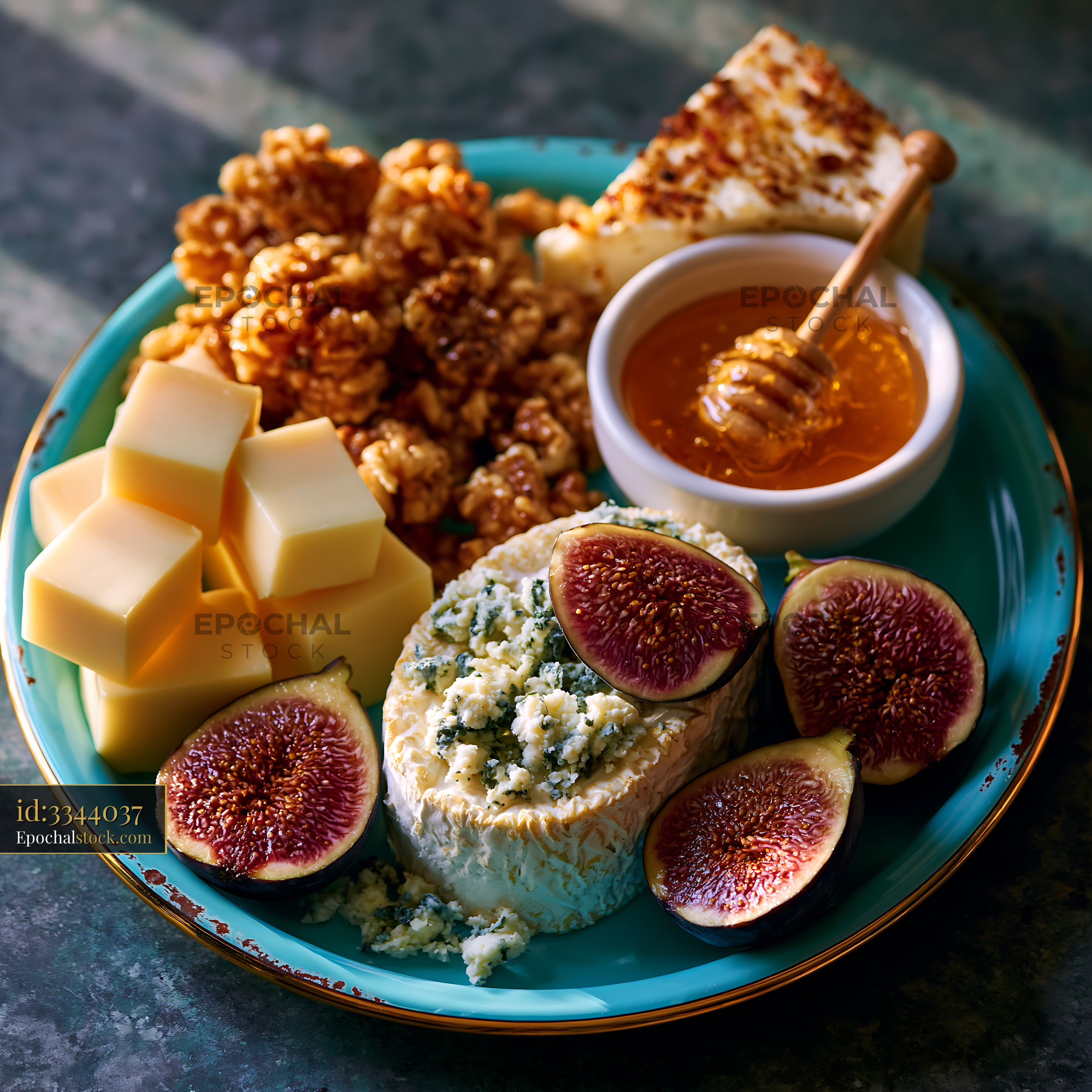 Watermarked full-resolution preview of Artisan cheese board with fresh figs and honey