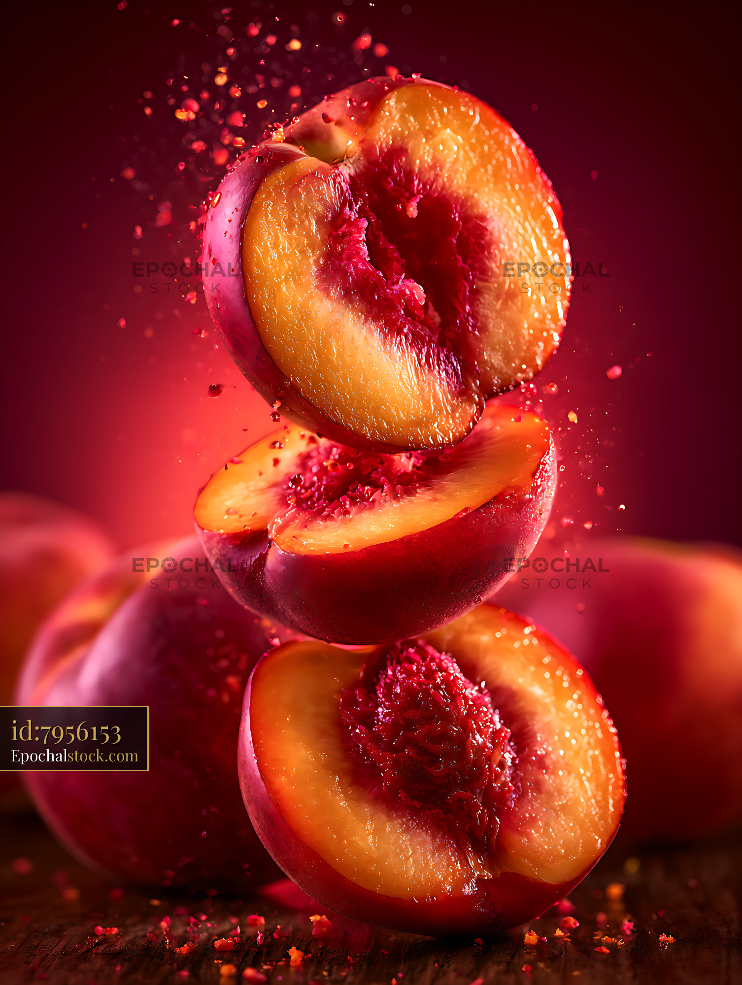 Watermarked full-resolution preview of Sliced ripe peaches with splashing droplets in red light