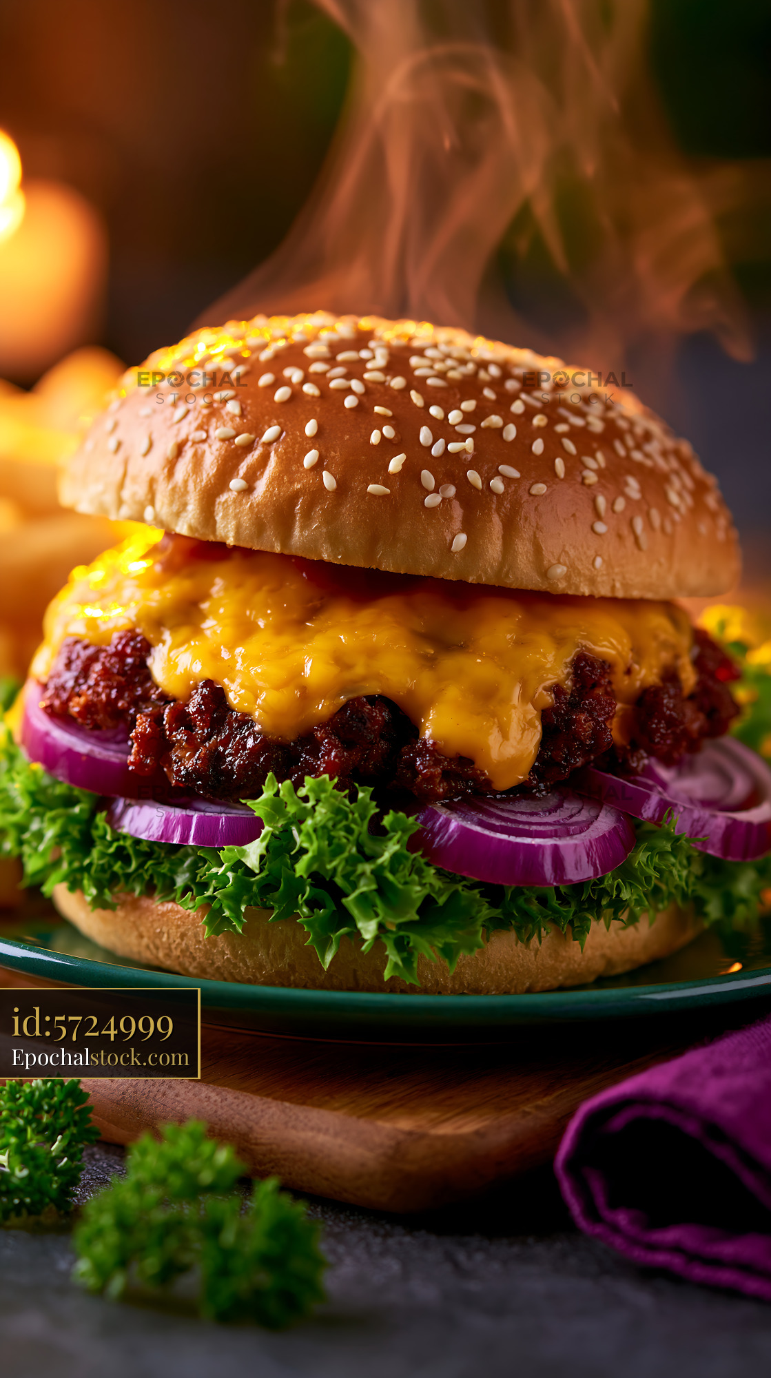 Watermarked full-resolution preview of Juicy burger with melted cheese and fresh toppings on a plate