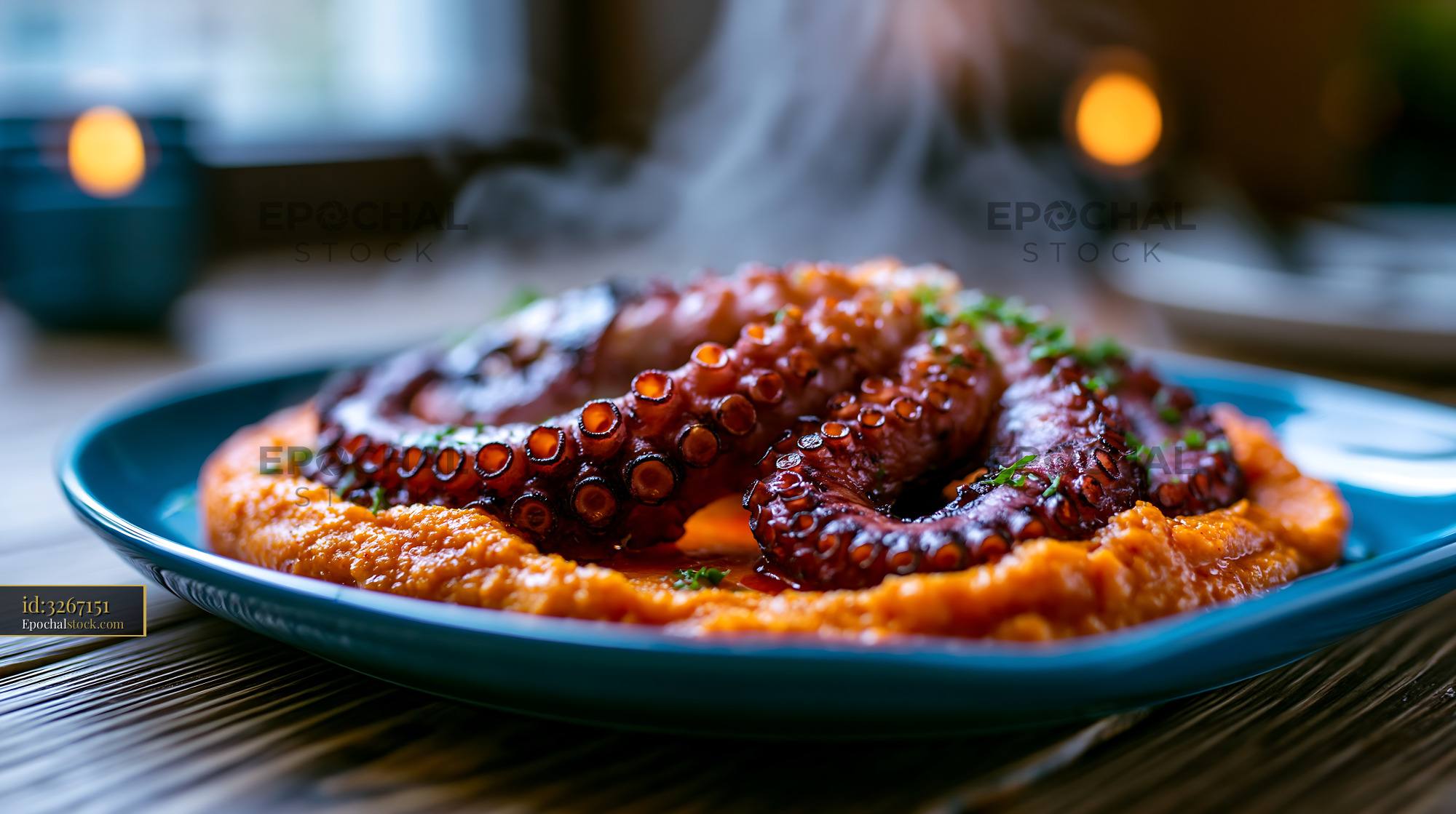 Watermarked full-resolution preview of Octopus served on a bed of creamy sauce in a cozy restaurant