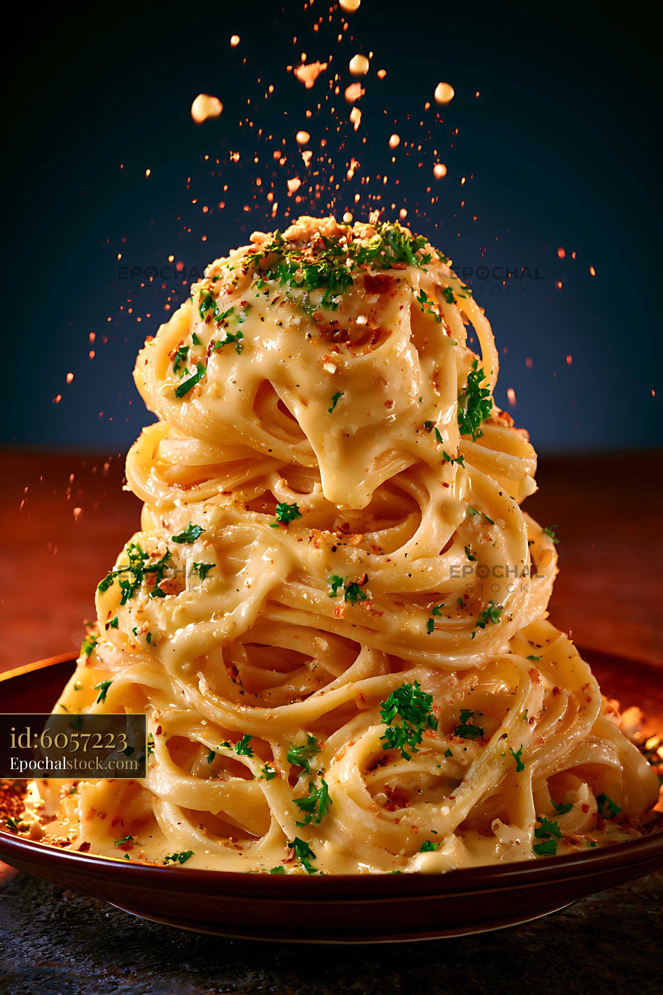 Watermarked full-resolution preview of Creamy herb pasta with airborne seasoning