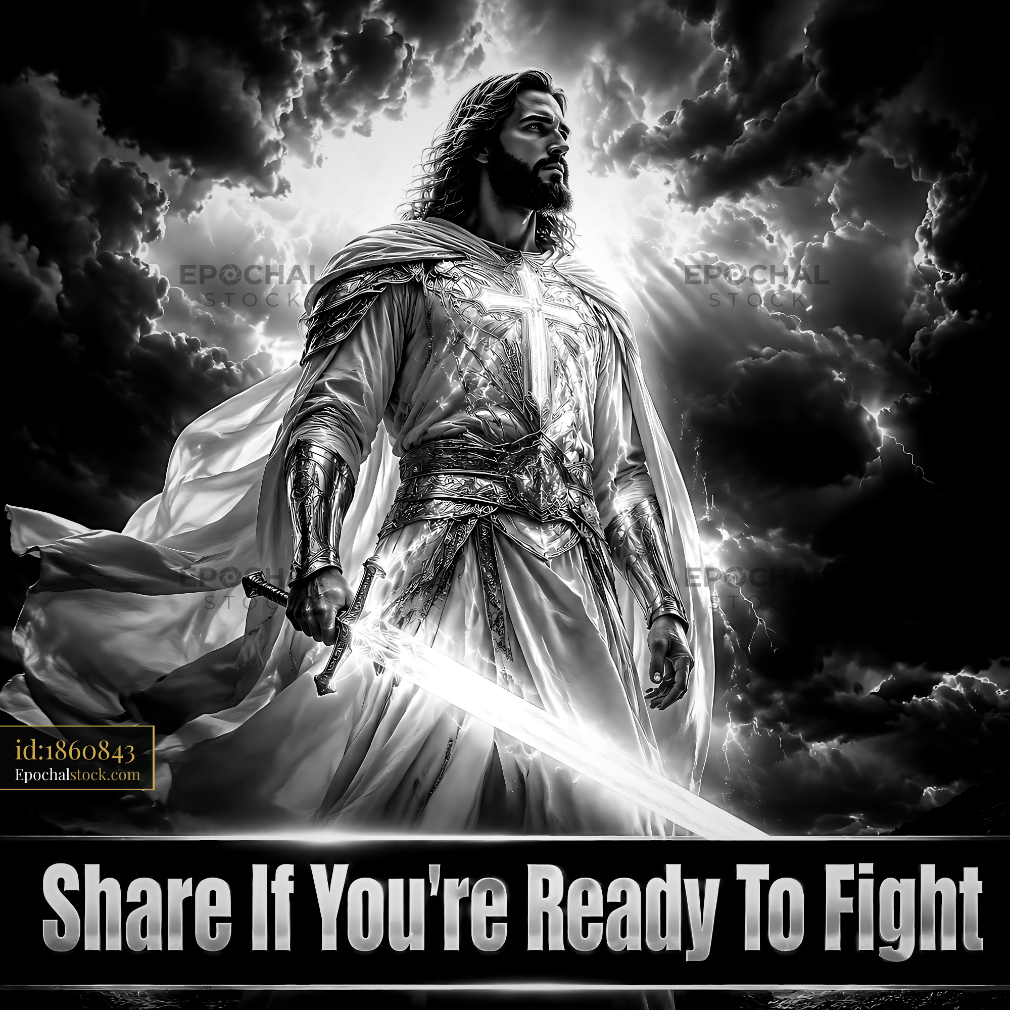 Watermarked full-resolution preview of Person holding sword in dramatic lighting against stormy sky