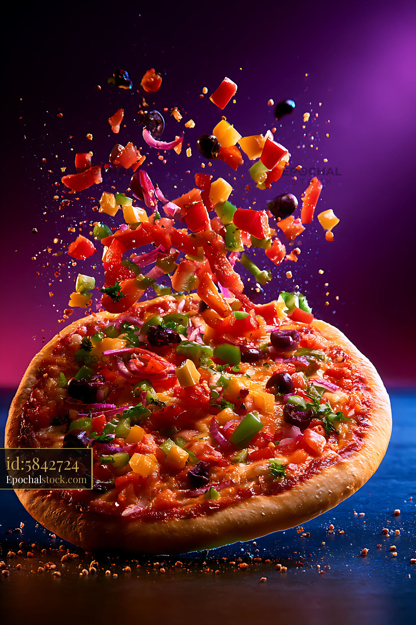 Watermarked full-resolution preview of Colorful vegetable pizza with flying toppings