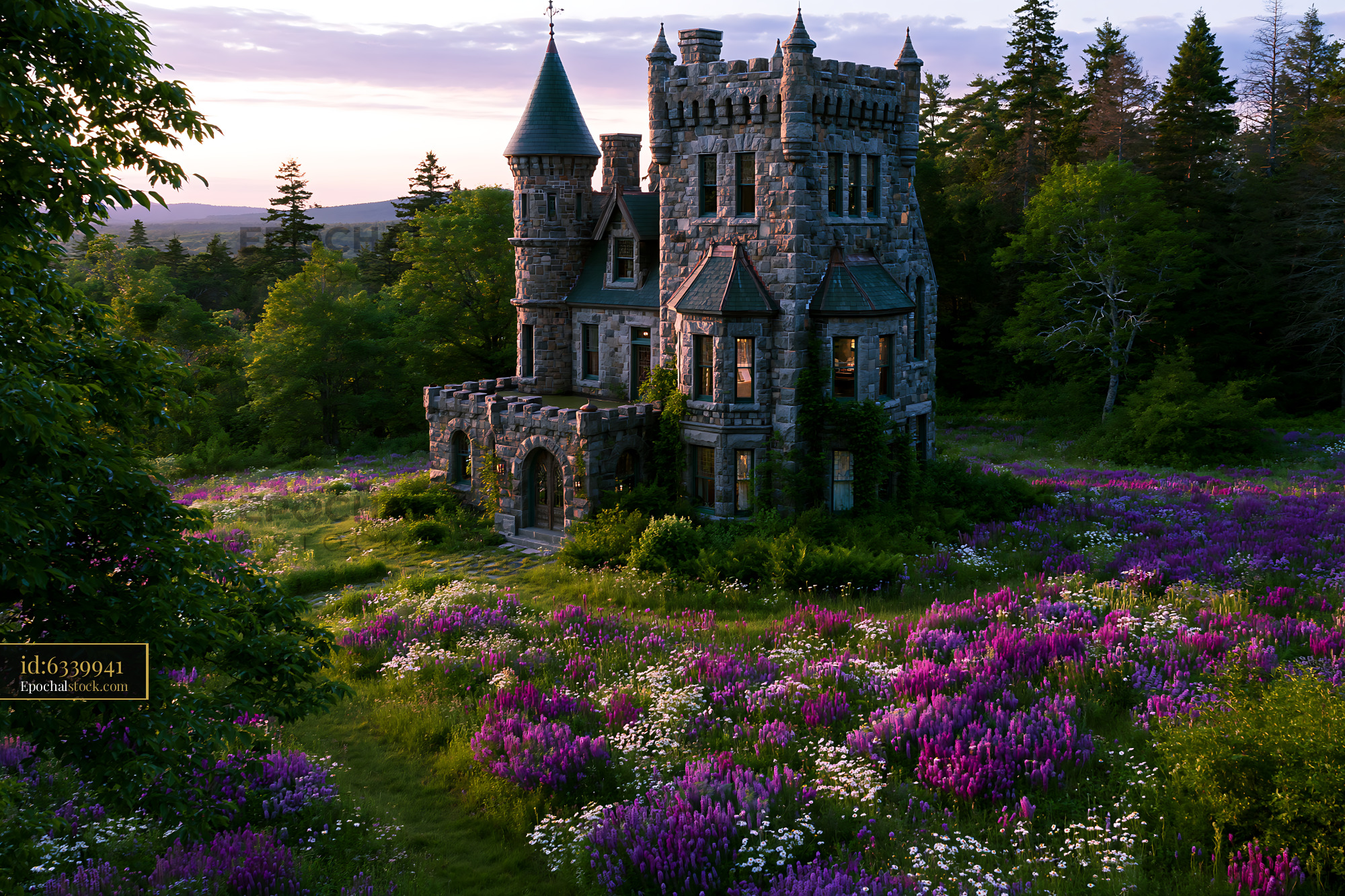 Watermarked full-resolution preview of Old stone castle surrounded by flowers on a hillside at sunset