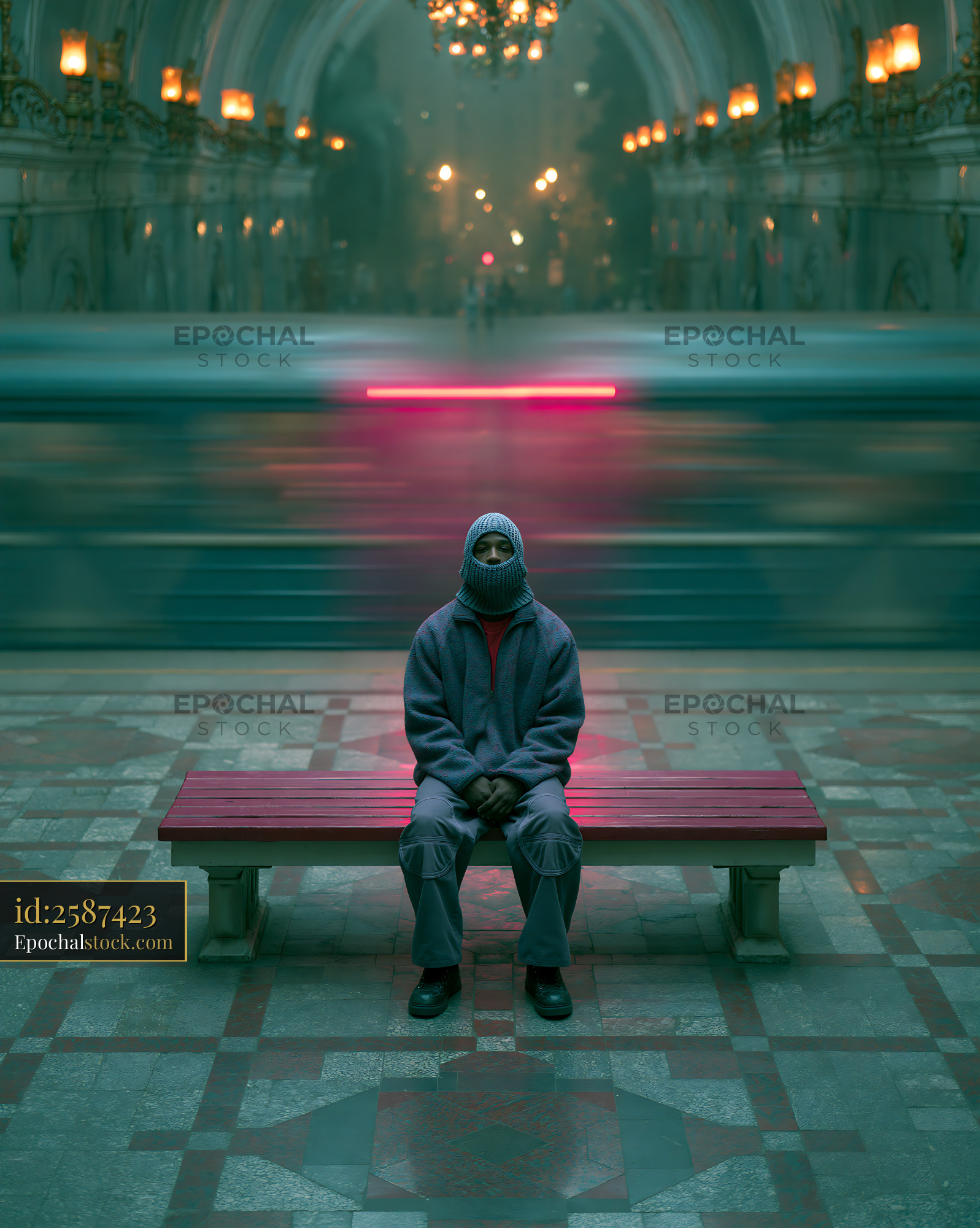 Watermarked full-resolution preview of Person sitting on a bench in a subway station at night