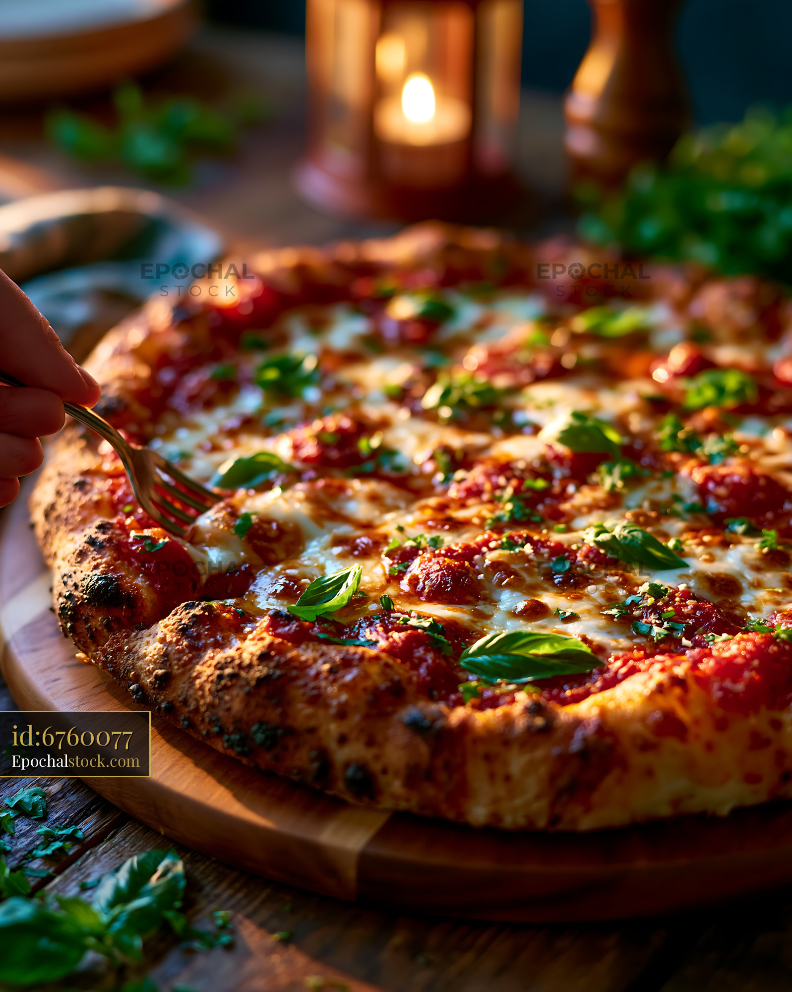 Watermarked full-resolution preview of Cheesy pizza with tomato sauce and fresh basil