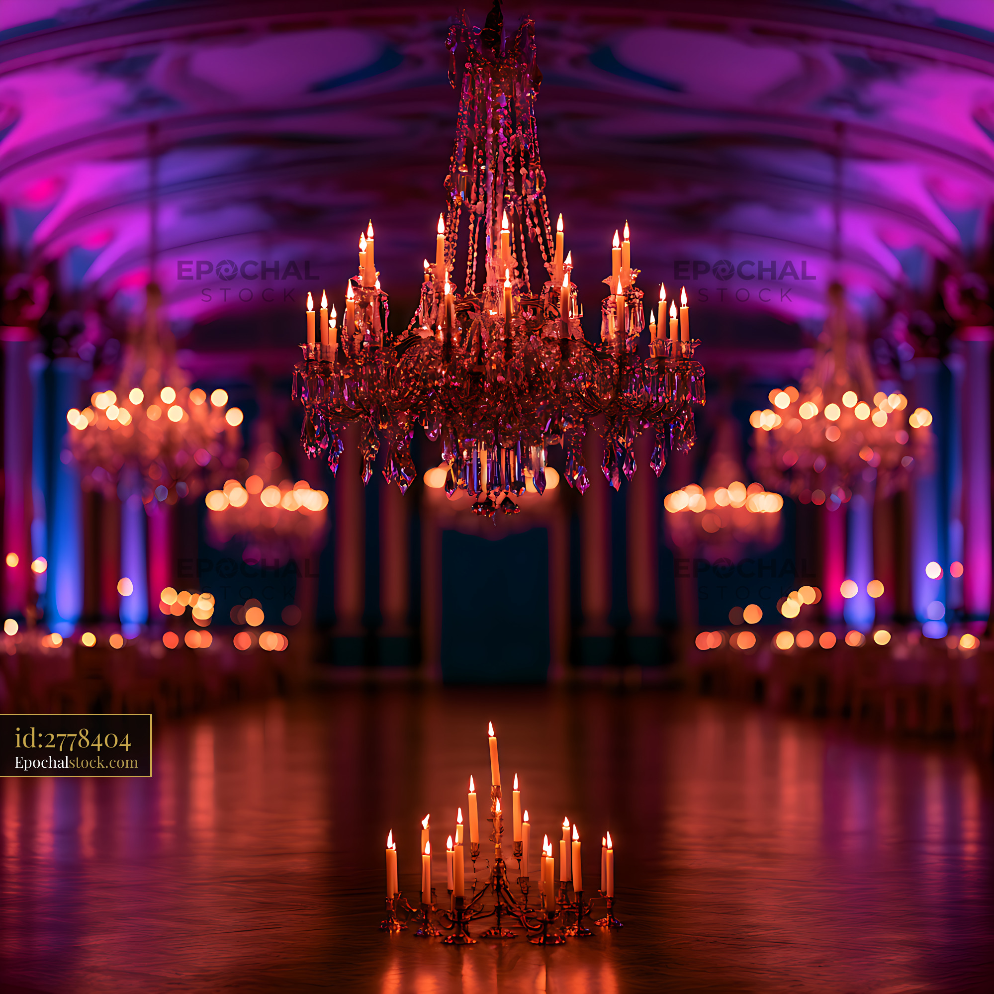 Watermarked full-resolution preview of Ornate candle chandelier glowing in purple ambient light