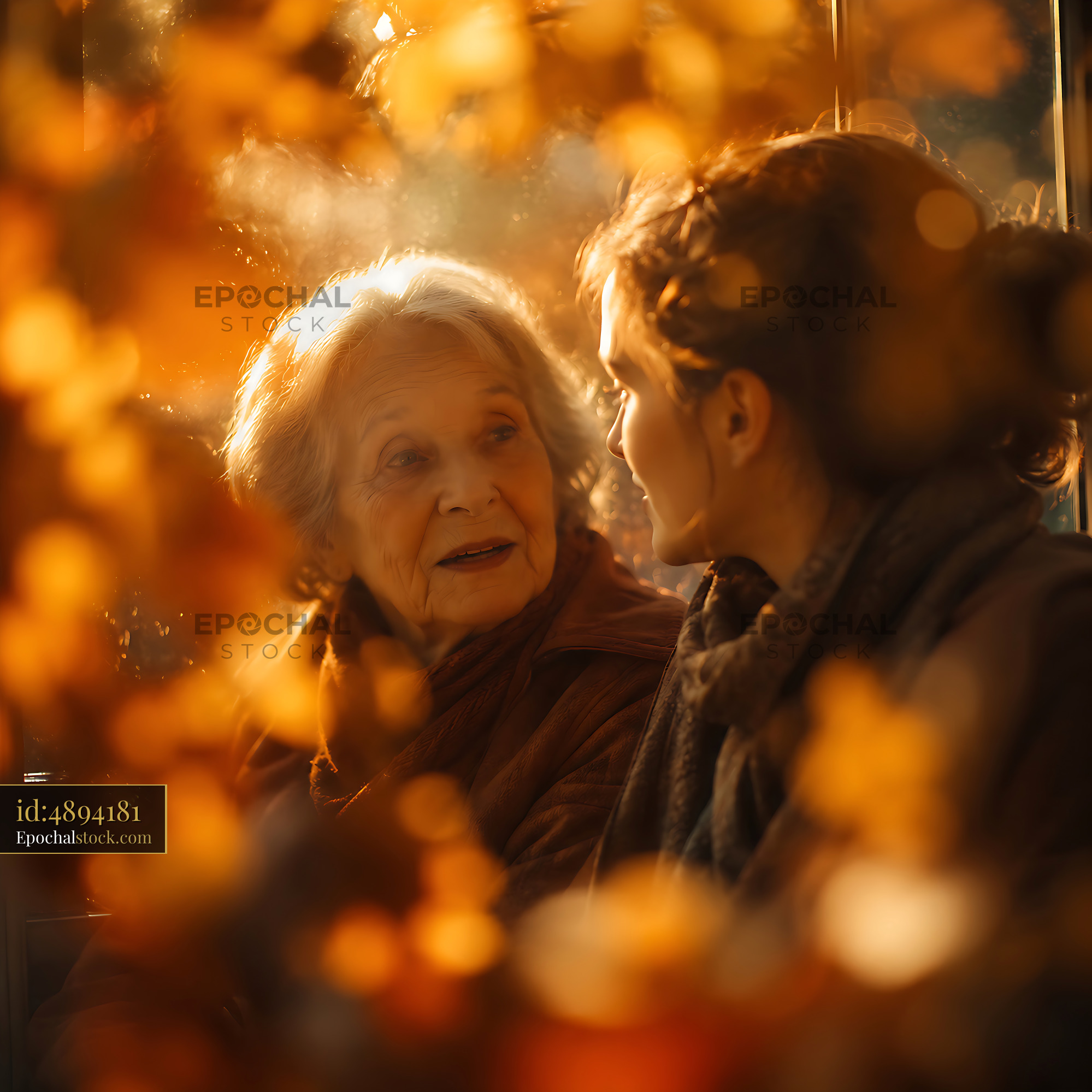 Watermarked full-resolution preview of Conversation between two women in warm autumn light