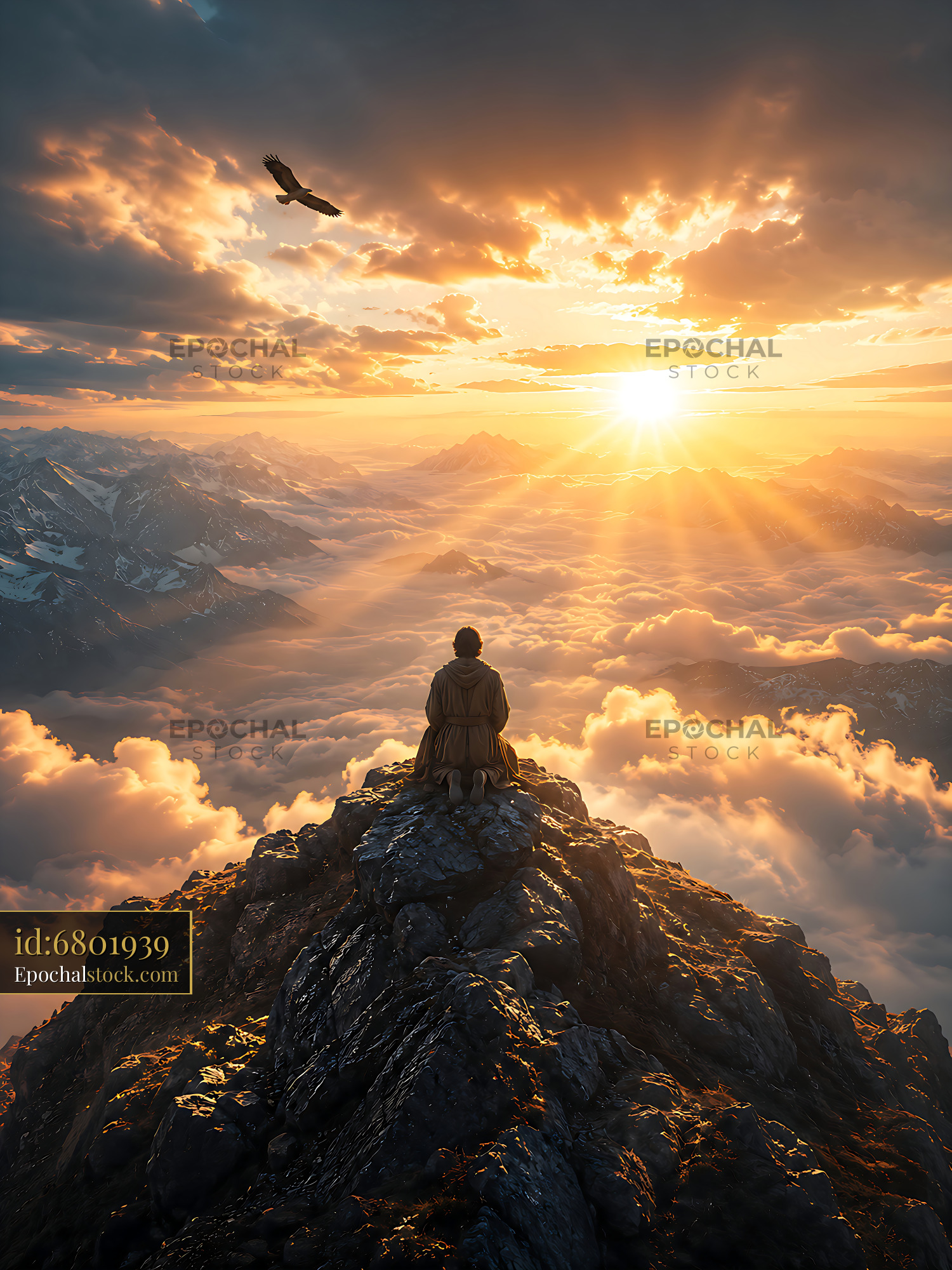 Watermarked full-resolution preview of Person sitting on mountain peak during sunset